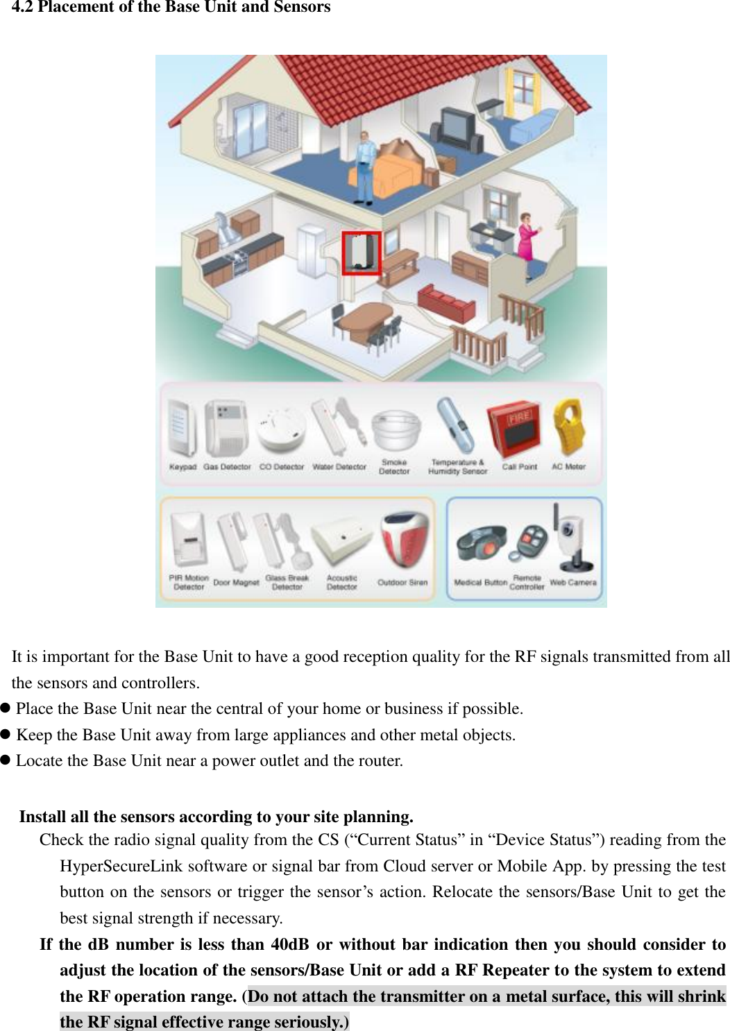   4.2 Placement of the Base Unit and Sensors    It is important for the Base Unit to have a good reception quality for the RF signals transmitted from all the sensors and controllers.  Place the Base Unit near the central of your home or business if possible.  Keep the Base Unit away from large appliances and other metal objects.  Locate the Base Unit near a power outlet and the router.      Install all the sensors according to your site planning. Check the radio signal quality from the CS (“Current Status” in “Device Status”) reading from the HyperSecureLink software or signal bar from Cloud server or Mobile App. by pressing the test button on the sensors or trigger the sensor’s action. Relocate the sensors/Base Unit to get the best signal strength if necessary.   If the dB number is less than 40dB or without bar indication then you should consider to adjust the location of the sensors/Base Unit or add a RF Repeater to the system to extend the RF operation range. (Do not attach the transmitter on a metal surface, this will shrink the RF signal effective range seriously.)  