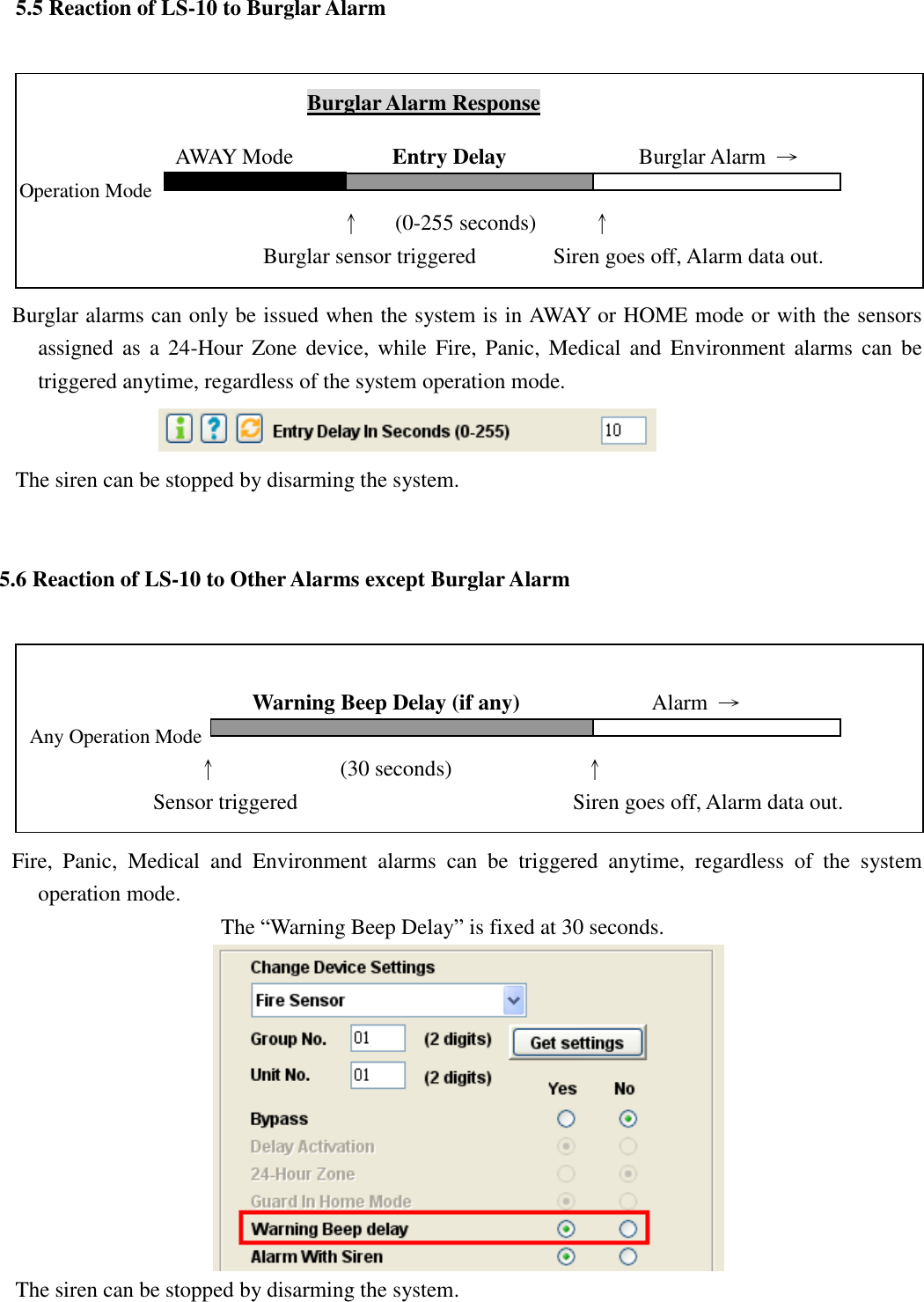   5.5 Reaction of LS-10 to Burglar Alarm                               Burglar Alarm Response                  AWAY Mode                  Entry Delay             Burglar Alarm  →   Operation Mode                                ↑   (0-255 seconds)          ↑   Burglar sensor triggered              Siren goes off, Alarm data out.  Burglar alarms can only be issued when the system is in AWAY or HOME mode or with the sensors assigned as  a 24-Hour  Zone device,  while Fire,  Panic,  Medical and  Environment  alarms can  be triggered anytime, regardless of the system operation mode.    The siren can be stopped by disarming the system.   5.6 Reaction of LS-10 to Other Alarms except Burglar Alarm                                                        Warning Beep Delay (if any)            Alarm  →     Any Operation Mode                   ↑            (30 seconds)                 ↑   Sensor triggered                                                  Siren goes off, Alarm data out.  Fire,  Panic,  Medical  and  Environment  alarms  can  be  triggered  anytime,  regardless  of  the  system operation mode.   The “Warning Beep Delay” is fixed at 30 seconds.  The siren can be stopped by disarming the system.  