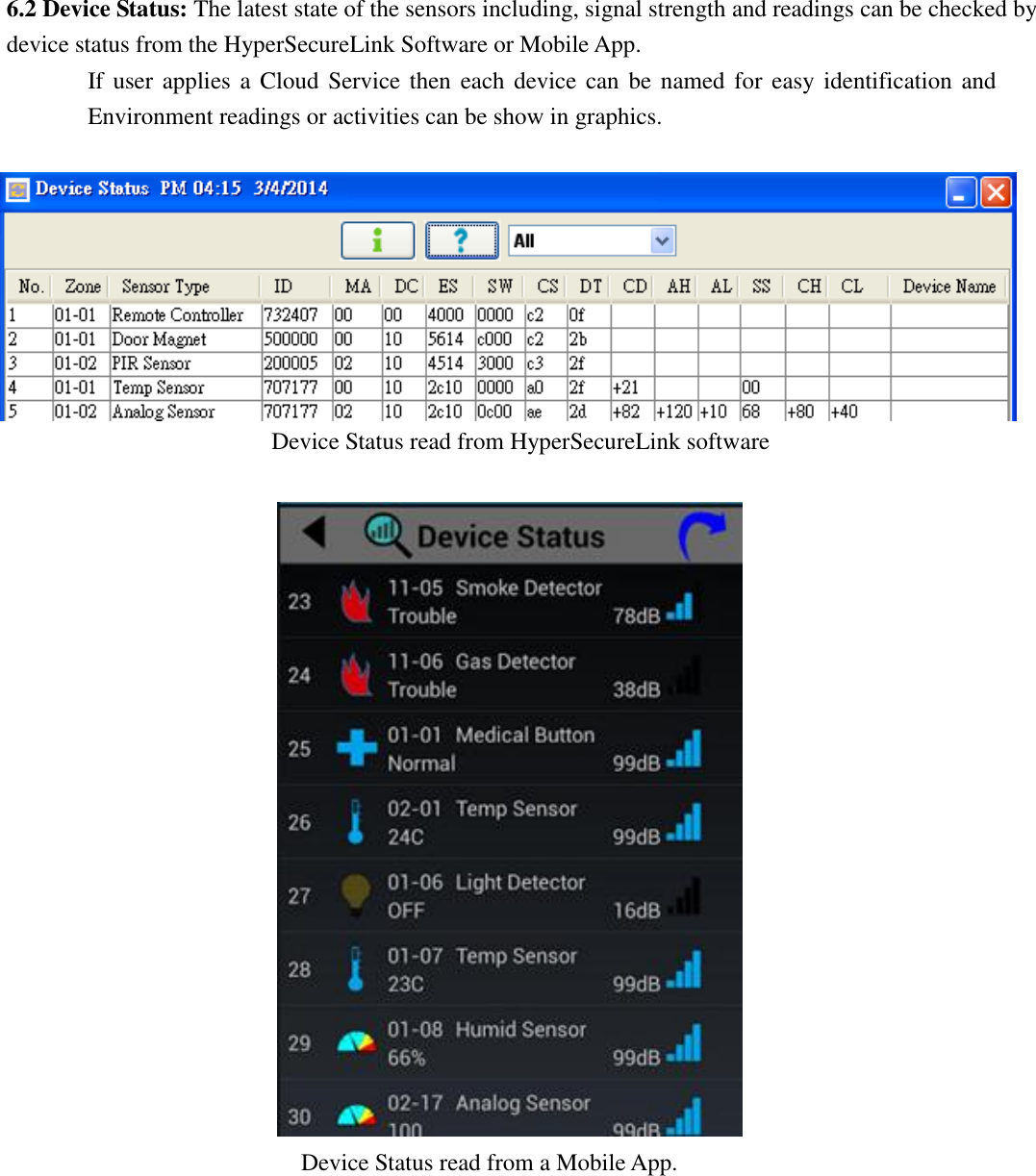   6.2 Device Status: The latest state of the sensors including, signal strength and readings can be checked by device status from the HyperSecureLink Software or Mobile App. If user applies  a  Cloud  Service then each device can be named for easy identification  and Environment readings or activities can be show in graphics.                       Device Status read from HyperSecureLink software   Device Status read from a Mobile App.         