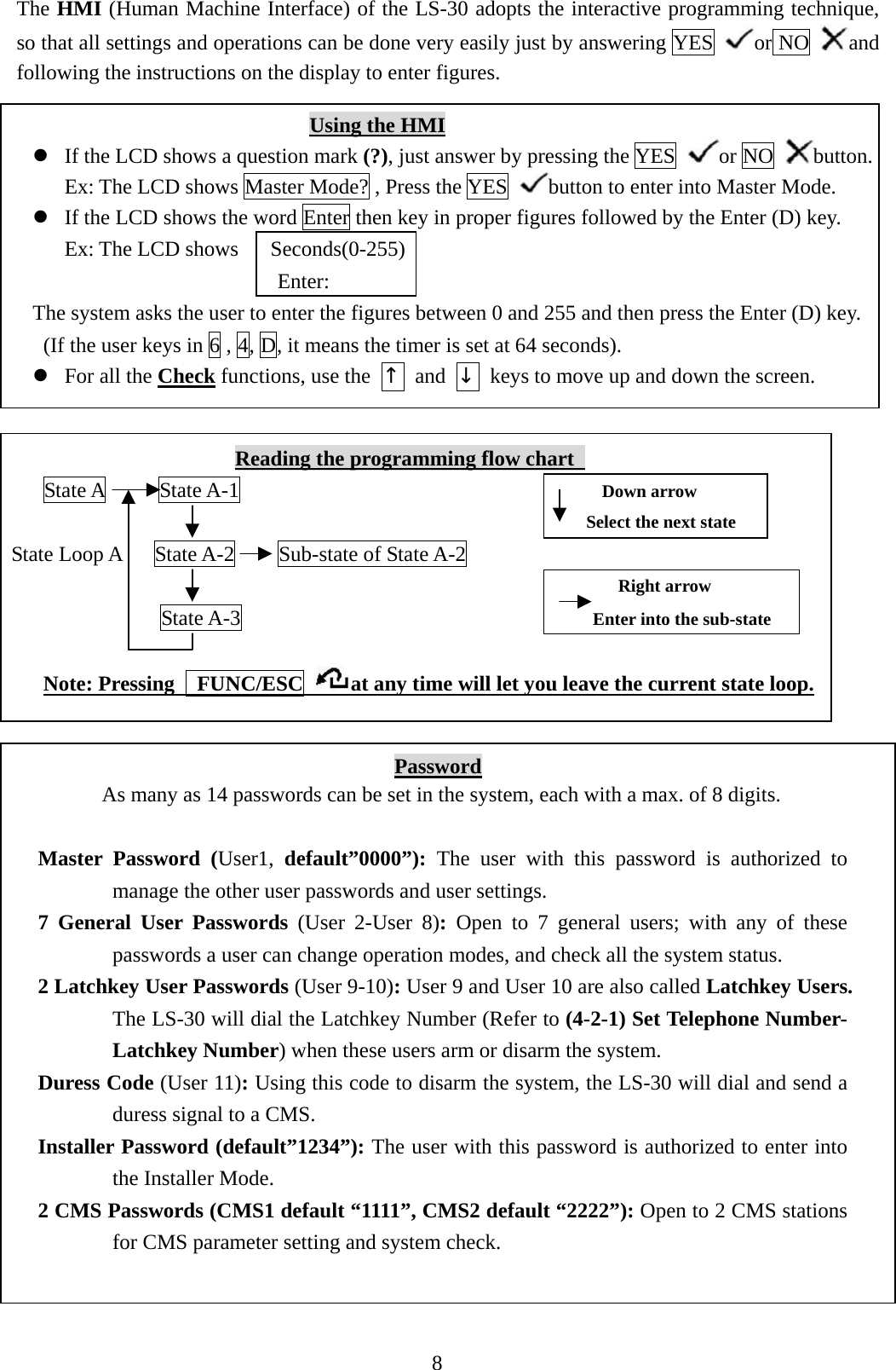    The HMI (Human Machine Interface) of the LS-30 adopts the interactive programming technique, so that all settings and operations can be done very easily just by answering YES  or NO  and following the instructions on the display to enter figures.                                 Using the HMI  If the LCD shows a question mark (?), just answer by pressing the YES  or NO  button.       Ex: The LCD shows Master Mode? , Press the YES  button to enter into Master Mode.      If the LCD shows the word Enter then key in proper figures followed by the Enter (D) key.             Ex: The LCD shows   Seconds(0-255)                              Enter: The system asks the user to enter the figures between 0 and 255 and then press the Enter (D) key. (If the user keys in 6 , 4, D, it means the timer is set at 64 seconds).  For all the Check functions, use the  ↑ and ↓  keys to move up and down the screen.                                           Reading the programming flow chart       State A     State A-1                                  Down arrow                                                        Select the next state  State Loop A   State A-2    Sub-state of State A-2                                                            Right arrow                State A-3                                 Enter into the sub-state   Note: Pressing   FUNC/ESC at any time will let you leave the current state loop.        Password As many as 14 passwords can be set in the system, each with a max. of 8 digits.    Master Password (User1,  default”0000”): The user with this password is authorized to manage the other user passwords and user settings. 7 General User Passwords (User 2-User 8): Open to 7 general users; with any of these passwords a user can change operation modes, and check all the system status. 2 Latchkey User Passwords (User 9-10): User 9 and User 10 are also called Latchkey Users. The LS-30 will dial the Latchkey Number (Refer to (4-2-1) Set Telephone Number- Latchkey Number) when these users arm or disarm the system. Duress Code (User 11): Using this code to disarm the system, the LS-30 will dial and send a duress signal to a CMS. Installer Password (default”1234”): The user with this password is authorized to enter into the Installer Mode. 2 CMS Passwords (CMS1 default “1111”, CMS2 default “2222”): Open to 2 CMS stations for CMS parameter setting and system check.     8