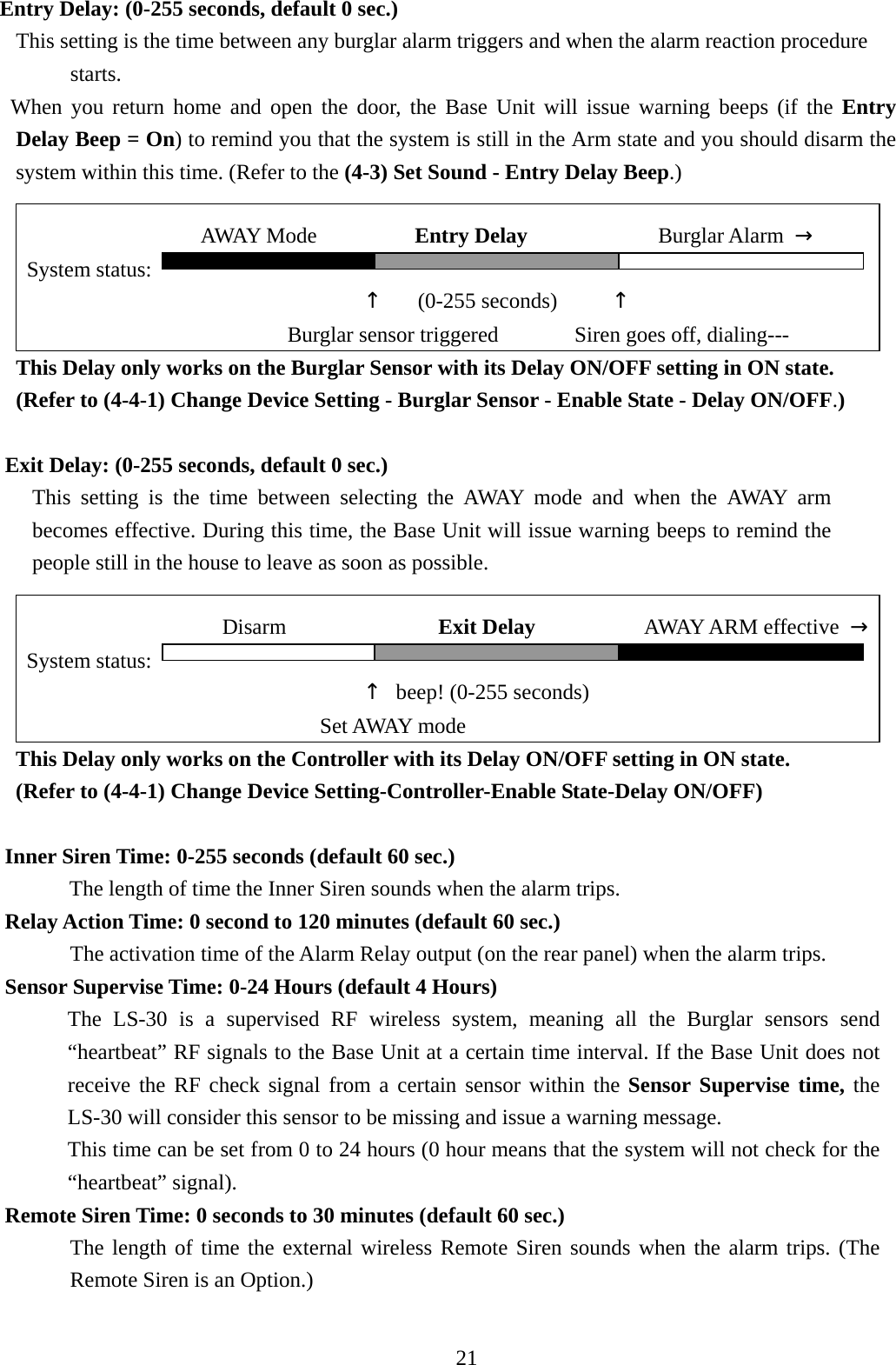    Entry Delay: (0-255 seconds, default 0 sec.) This setting is the time between any burglar alarm triggers and when the alarm reaction procedure starts.  When you return home and open the door, the Base Unit will issue warning beeps (if the Entry Delay Beep = On) to remind you that the system is still in the Arm state and you should disarm the system within this time. (Refer to the (4-3) Set Sound - Entry Delay Beep.)                              AWAY Mode         Entry Delay             Burglar Alarm → System status:                                      ↑   (0-255 seconds)     ↑   Burglar sensor triggered       Siren goes off, dialing--- This Delay only works on the Burglar Sensor with its Delay ON/OFF setting in ON state.   (Refer to (4-4-1) Change Device Setting - Burglar Sensor - Enable State - Delay ON/OFF.)  Exit Delay: (0-255 seconds, default 0 sec.) This setting is the time between selecting the AWAY mode and when the AWAY arm becomes effective. During this time, the Base Unit will issue warning beeps to remind the people still in the house to leave as soon as possible.                        Disarm              Exit Delay           AWAY ARM effective → System status:                                      ↑  beep! (0-255 seconds)  Set AWAY mode         This Delay only works on the Controller with its Delay ON/OFF setting in ON state.   (Refer to (4-4-1) Change Device Setting-Controller-Enable State-Delay ON/OFF)  Inner Siren Time: 0-255 seconds (default 60 sec.)  The length of time the Inner Siren sounds when the alarm trips. Relay Action Time: 0 second to 120 minutes (default 60 sec.)  The activation time of the Alarm Relay output (on the rear panel) when the alarm trips. Sensor Supervise Time: 0-24 Hours (default 4 Hours) The LS-30 is a supervised RF wireless system, meaning all the Burglar sensors send “heartbeat” RF signals to the Base Unit at a certain time interval. If the Base Unit does not receive the RF check signal from a certain sensor within the Sensor Supervise time, the LS-30 will consider this sensor to be missing and issue a warning message. This time can be set from 0 to 24 hours (0 hour means that the system will not check for the “heartbeat” signal). Remote Siren Time: 0 seconds to 30 minutes (default 60 sec.)  The length of time the external wireless Remote Siren sounds when the alarm trips. (The Remote Siren is an Option.)  21