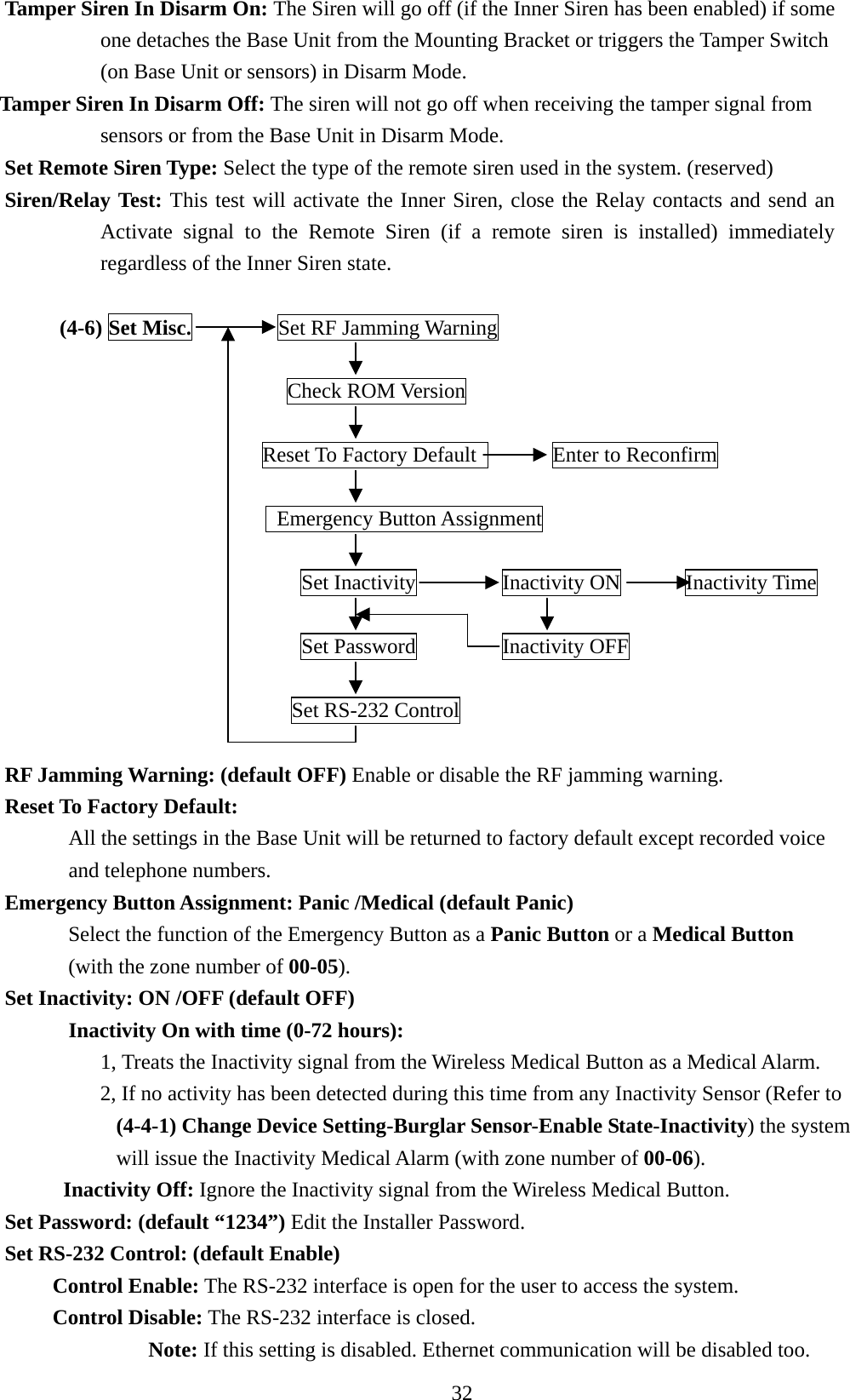   Tamper Siren In Disarm On: The Siren will go off (if the Inner Siren has been enabled) if some                   one detaches the Base Unit from the Mounting Bracket or triggers the Tamper Switch (on Base Unit or sensors) in Disarm Mode.  Tamper Siren In Disarm Off: The siren will not go off when receiving the tamper signal from sensors or from the Base Unit in Disarm Mode. Set Remote Siren Type: Select the type of the remote siren used in the system. (reserved) Siren/Relay Test: This test will activate the Inner Siren, close the Relay contacts and send an Activate signal to the Remote Siren (if a remote siren is installed) immediately regardless of the Inner Siren state.  (4-6) Set Misc.        Set RF Jamming Warning      Check ROM Version      Reset To Factory Default       Enter to Reconfirm   Emergency Button Assignment  Set Inactivity        Inactivity ON      Inactivity Time  Set Password        Inactivity OFF  Set RS-232 Control  RF Jamming Warning: (default OFF) Enable or disable the RF jamming warning. Reset To Factory Default: All the settings in the Base Unit will be returned to factory default except recorded voice and telephone numbers. Emergency Button Assignment: Panic /Medical (default Panic) Select the function of the Emergency Button as a Panic Button or a Medical Button (with the zone number of 00-05).  Set Inactivity: ON /OFF (default OFF) Inactivity On with time (0-72 hours):   1, Treats the Inactivity signal from the Wireless Medical Button as a Medical Alarm. 2, If no activity has been detected during this time from any Inactivity Sensor (Refer to (4-4-1) Change Device Setting-Burglar Sensor-Enable State-Inactivity) the system will issue the Inactivity Medical Alarm (with zone number of 00-06).  Inactivity Off: Ignore the Inactivity signal from the Wireless Medical Button. Set Password: (default “1234”) Edit the Installer Password. Set RS-232 Control: (default Enable) Control Enable: The RS-232 interface is open for the user to access the system. Control Disable: The RS-232 interface is closed.  Note: If this setting is disabled. Ethernet communication will be disabled too. 32