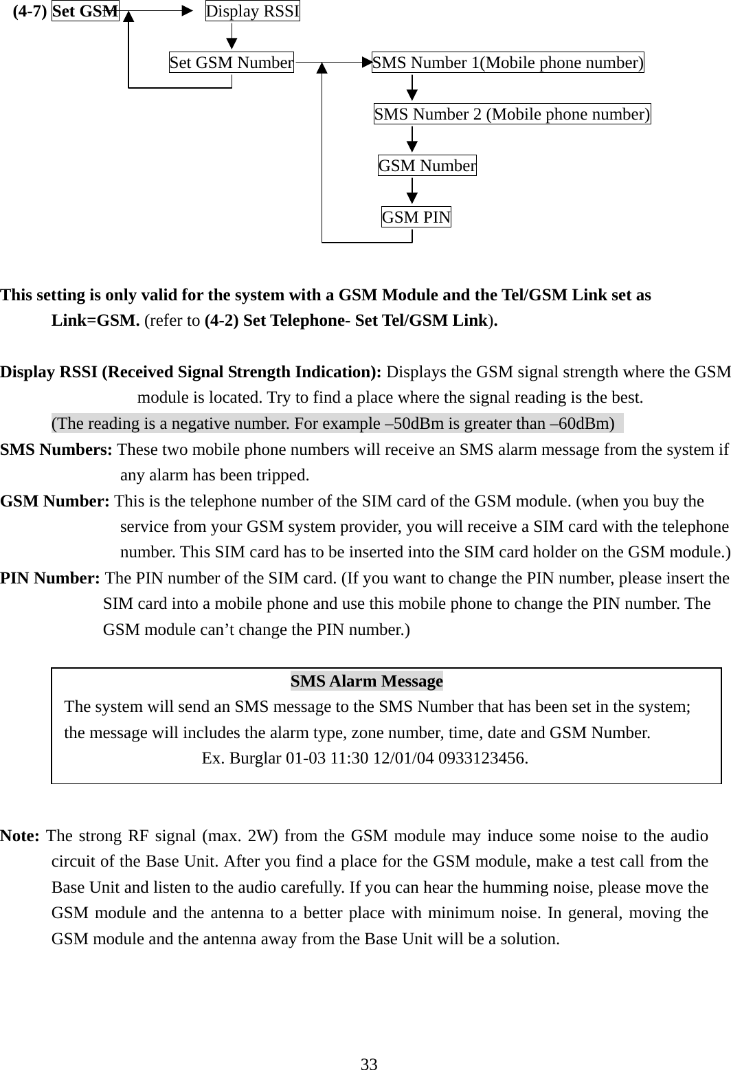    (4-7) Set GSM          Display RSSI          Set GSM Number         SMS Number 1(Mobile phone number)   SMS Number 2 (Mobile phone number)  GSM Number  GSM PIN   This setting is only valid for the system with a GSM Module and the Tel/GSM Link set as Link=GSM. (refer to (4-2) Set Telephone- Set Tel/GSM Link).  Display RSSI (Received Signal Strength Indication): Displays the GSM signal strength where the GSM module is located. Try to find a place where the signal reading is the best.       (The reading is a negative number. For example –50dBm is greater than –60dBm)   SMS Numbers: These two mobile phone numbers will receive an SMS alarm message from the system if any alarm has been tripped. GSM Number: This is the telephone number of the SIM card of the GSM module. (when you buy the service from your GSM system provider, you will receive a SIM card with the telephone number. This SIM card has to be inserted into the SIM card holder on the GSM module.)   PIN Number: The PIN number of the SIM card. (If you want to change the PIN number, please insert the SIM card into a mobile phone and use this mobile phone to change the PIN number. The GSM module can’t change the PIN number.)  SMS Alarm Message The system will send an SMS message to the SMS Number that has been set in the system; the message will includes the alarm type, zone number, time, date and GSM Number. Ex. Burglar 01-03 11:30 12/01/04 0933123456.   Note: The strong RF signal (max. 2W) from the GSM module may induce some noise to the audio circuit of the Base Unit. After you find a place for the GSM module, make a test call from the Base Unit and listen to the audio carefully. If you can hear the humming noise, please move the GSM module and the antenna to a better place with minimum noise. In general, moving the GSM module and the antenna away from the Base Unit will be a solution.      33