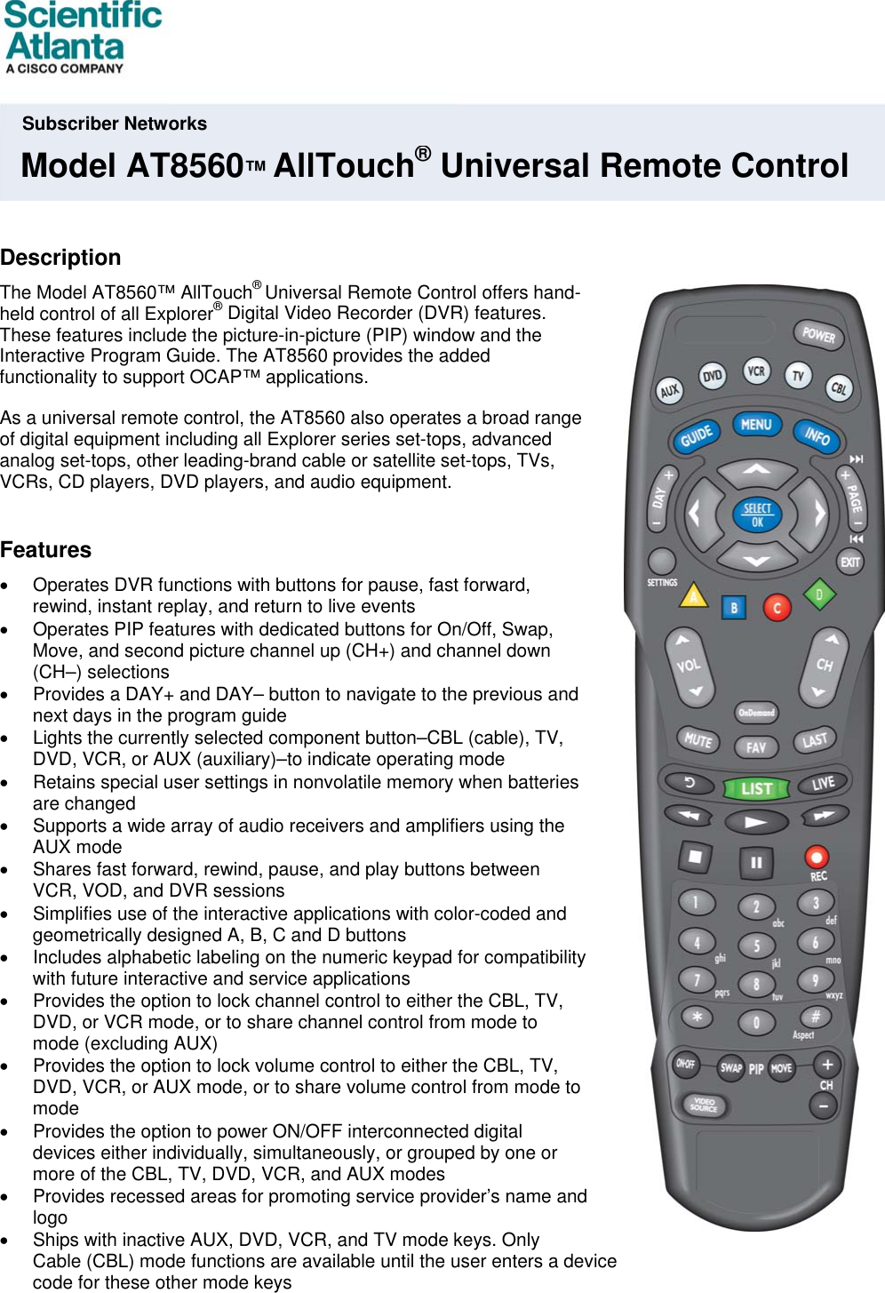 Page 1 of 2 - Scientific-Atlanta Scientific-Atlanta-At8560Tm-Users-Manual- AT8560 AllTouch Universal Remote Control - 7010187  Scientific-atlanta-at8560tm-users-manual