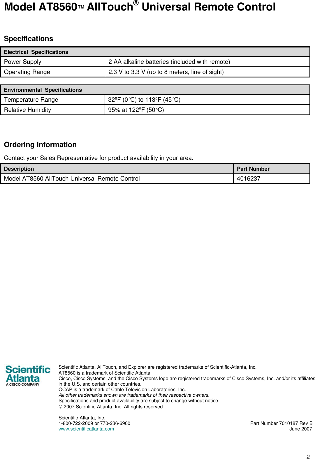 Page 2 of 2 - Scientific-Atlanta Scientific-Atlanta-At8560Tm-Users-Manual- AT8560 AllTouch Universal Remote Control - 7010187  Scientific-atlanta-at8560tm-users-manual