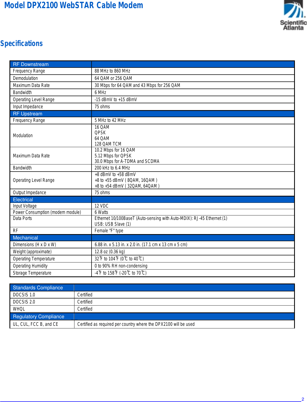 Page 2 of 4 - Scientific-Atlanta Scientific-Atlanta-Dpx2100Tm-Users-Manual- .Specifications . Scientific-atlanta-dpx2100tm-users-manual