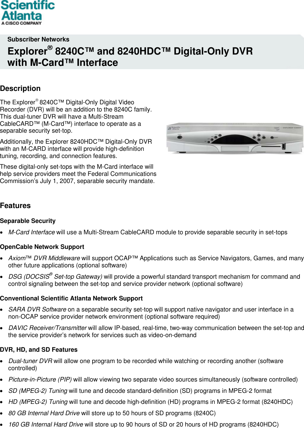 Page 1 of 5 - Scientific-Atlanta Scientific-Atlanta-Dvr-8240C-Users-Manual- Explorer 8240C And 8240HDC Digital-Only DVR -7010958  Scientific-atlanta-dvr-8240c-users-manual