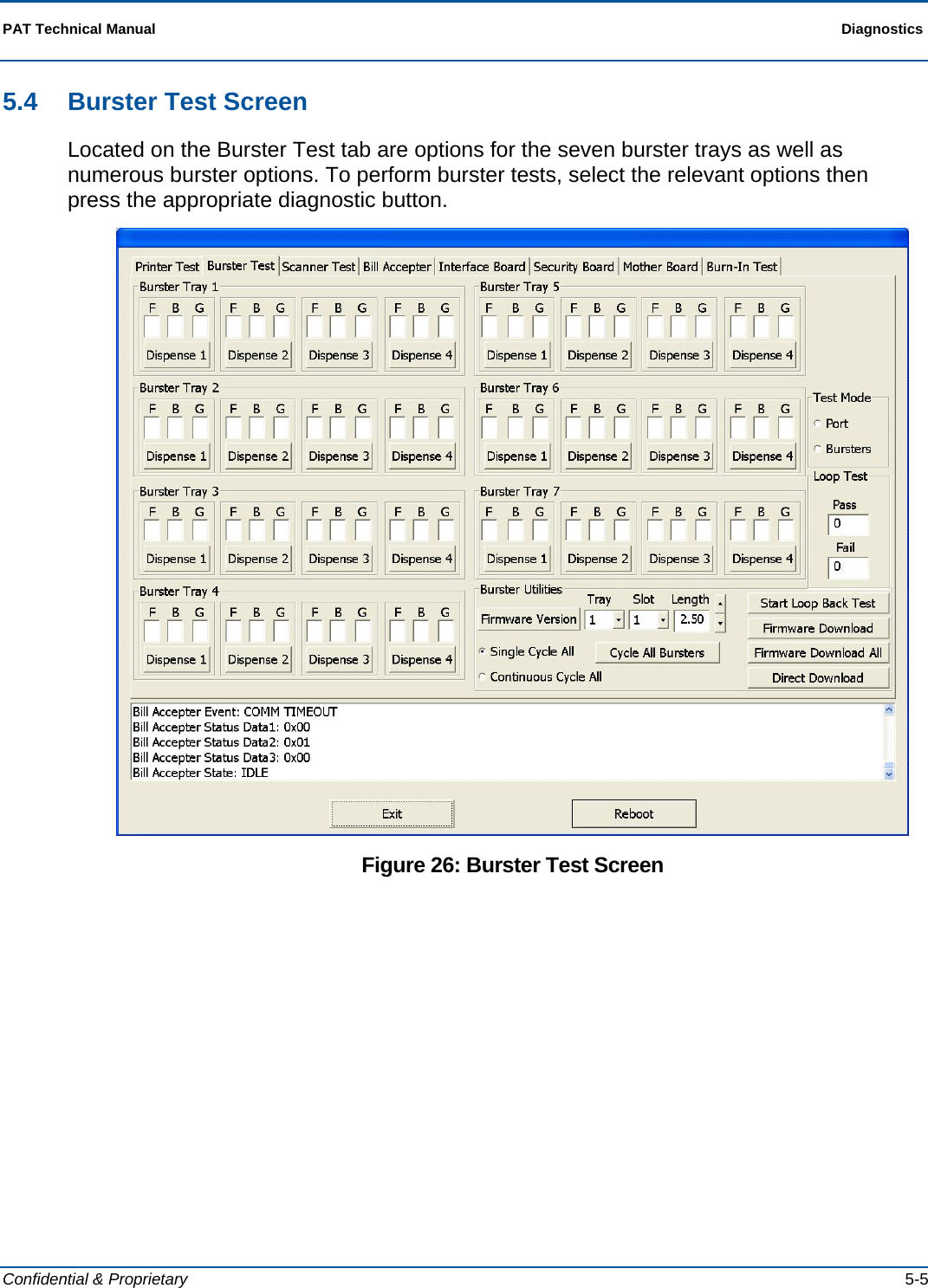  PAT Technical Manual  Diagnostics  Confidential &amp; Proprietary   5-5 5.4  Burster Test Screen Located on the Burster Test tab are options for the seven burster trays as well as numerous burster options. To perform burster tests, select the relevant options then press the appropriate diagnostic button.  Figure 26: Burster Test Screen 