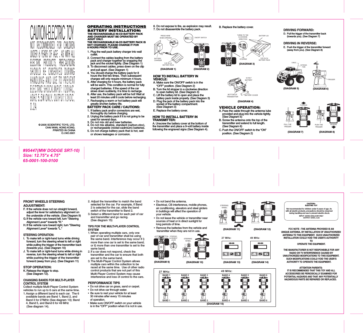 1. Plug the wall pack battery charger into wall   outlet.2. Connect the cables leading from the battery    pack and charger together by snapping the    jack and the socket tightly. (See Diagram 1)3. To disconnect cables, press down on the clip   and pull apart. (See Diagram 1)4. You should charge the battery pack for 8    hours the first two times. Then subsequent    charges will only require minimum 4 hours. 5. After charging for 4 hours, the battery pack   will be warm. This condition is normal for fully   charged batteries. If the speed of the car    slows down suddenly, it is time to recharge.6. After use, the battery pack will be hot! Wait at   least 20 minutes until it cools before recharging.7. Recharging a warm or hot battery pack will   greatly shorten battery life.BATTERY PACK CARE / CAUTIONS:1. If battery pack and/or connectors are wet,    thoroughly dry before charging.2. Unplug the battery pack if it is not going to be    used for several days.3. Do not mix old and new batteries.4.  Do not mix alkaline, standard (carbon-zinc),   or rechargeable (nickel-cadmium) batteries.5. Do not charge battery pack that is hot, wet  or shows leakages or corrosion. OPERATING INSTRUCTIONSBATTERY INSTALLATION:HOW TO INSTALL BATTERY IN VEHICLE:A. Make sure the ON/OFF switch is in the   “OFF” position. (See Diagram 2) B. Turn the lid stopper in a clockwise direction   to open battery lid. (See Diagram 3)C. Lift the battery lid to open and place the    battery pack inside properly. (See Diagram 3)D. Plug the jack of the battery pack into the   socket of the battery compartment.  (See Diagram 3)E. Replace the battery cover. VEHICLE OPERATION:A. Pass the cable through the antenna tube    provided and plug into the vehicle tightly.    (See Diagram 5)B. Screw the antenna onto the top of the    transmitter and extend to full length.   (See Diagram 6)C. Push the ON/OFF switch to the “ON”    position. (See Diagram 2)DRIVING FORWARD:D.  Pull the trigger of the transmitter back  (towards you). (See Diagram 7)DRIVING IN REVERSE:E.  Push the trigger of the transmitter forward   (away from you). (See Diagram 8)HOW TO INSTALL BATTERY IN TRANSMITTER:A. Unscrew the battery cover at the bottom of the transmitter and place a 9-volt battery inside following the engraved signs (See Diagram 4).#95447(MW DODGE SRT-10) Size: 12.75&quot;x 4.75&quot;65-0001-100-0100PRESS HERE WHEN OPENINGBATTERY CHARGER9.6V Ni-Cd BATTERY PACK(DIAGRAM 1)ON/OFF SWITCH(DIAGRAM 2)(DIAGRAM 4)LID STOPPERBATTERY LID9.6V Ni-Cd BATTERY PACKTURNS TO THE CLOCKWISE DIRECTION(DIAGRAM 3)THE RECHARGEABLE NI-CD BATTERY PACK IS NOT CHARGED. PLEASE CHARGE IT FOR 8 HOURS PRIOR TO USE.THE RECHARGEABLE NI-CD BATTERY PACK AND CHARGER MUST BE OPERATED BY ADUIT ONLY.(DIAGRAM 7)FORWARD(DIAGRAM 8)REVERSEANTENNATUBE(DIAGRAM 5)CABLE© 2005 SCIENTIFIC TOYS, LTD.CHAI WAN, HONG KONG.PRINTED IN CHINAO.I.NO.0001ATTENTION PARENTS:IT IS RECOMMENDED THAT THIS TOY AND ALL ACCESSORIES BE PERIODICALLY EXAMINED FOR POTENTIAL HAZARDS AND THAT ANY POTENTIALLY HAZARDOUS PARTS BE REPAIRED OR REPLACED.CAUTION:-ELECTRIC TOYNot recommended for children under 6 years of age. Aswith all electric products, precautions should be observedduring handling and use to prevent electric shock.INPUT: 120VAC-60Hz-5.5W ONLY OUTPUT: 12VDC, 0.2A FCC NOTE : THE ANTENNA PROVIDED IS AN UNIQUE ANTENNA. BY INSTALLATION OF UNAUTHORIZED ANTENNA TO THIS EQUIPMENT.  SUCH UNAUTHORIZED INSTALLATION COULD VOID THE USER’S AUTHORITY TO OPERATE THE EQUIPMENT.THE MANUFACTURER IS NOT RESPONSIBLE FOR ANYRADIO OR TV INTERFERENCE CAUSED BY UNAUTHORIZED MODIFICATIONS TO THIS EQUIPMENT.  SUCH MODIFICATIONS COULD VOID THE USER’S AUTHORITY TO OPERATE THE EQUIPMENT.        STEERING ALIGNMENT LEVER(DIAGRAM 10)(DIAGRAM 9)(DIAGRAM 12)STOP(DIAGRAM 11)2. Adjust the transmitter to match the band   selected for the car. For example, if Band   2 is selected for the car, slide the band   switch of the transmitter to Band 2. 3. Select a different band for each pair of car   and transmitter and go racing.   (See diagram 15)TIPS FOR THE MULTI-PLAYER CONTROL SYSTEM1. When operating multiple cars, only one   pair of car and transmitter shall be using   the same band. Interference may occur if i)   more than one car is set to the same band;  or ii) more than one transmitter is set to the  same band.2. If a car does not respond, check the   transmitter and the car to ensure that both  are set to the same band.3. The Multi-Player Control System allows   multiple cars within the collection to be   raced at the same time.  Use of other radio  control products that are not part of this   Multi-Player Control System may cause   interference and loss of control to the cars.PERFORMANCE TIPS•  Do not drive car on grass, sand or carpet.•  Do not drive car through water.•  Be sure to rest your vehicle for at least  30 minutes after every 15 minutes  of operation.•  Make sure ON/OFF switch on your vehicle   is in the “OFF” position when it is not in use.49 MHz:(DIAGRAM 14)45627 MHz:123(DIAGRAM 13)•  Do not bend the antenna.•  Electrical, CB interference, mobile phones,   air conditioning, elevators and steel girders   in buildings will affect the operation of  your vehicle.•  Do not leave the vehicle or transmitter near   sources of heat or in direct sunlight for   long periods of time.•  Remove the batteries from the vehicle and  transmitter when they are not in use.27 MHz:BAND 1BAND 1BAND 2BAND 2BAND 3BAND 3(DIAGRAM 15)49 MHz:BAND 4BAND 4BAND 5BAND 5BAND 6BAND 6  6. Do not expose to fire, as explosion may result.7. Do not disassemble the battery pack.  B. Replace the battery cover.FRONT WHEELS STEERING ADJUSTMENT:F.  If the vehicle does not run straight forward,  adjust the lever for satisfactory alignment on  the underside of the vehicle. (See Diagram 9)G. If the vehicle runs toward left, turn &quot;Steering  Alignment Lever&quot; towards &quot;R.&quot;H. If the vehicle runs toward right, turn &quot;Steering  Alignment Lever&quot; towards &quot;L.&quot;STEERING OPERATION:I.  To make left or right-hand turns while driving   forward, turn the steering wheel to left or right   while pulling the trigger of the transmitter back   (towards you). (See Diagram 10)J. To make left or right-hand turns while driving in  reverse, turn the steering wheel to left or right   while pushing the trigger of the transmitter  forward (away from you). (See Diagram 11)STOP OPERATION:K. Release the trigger to stop.   (See Diagram 12).CHANGING BANDS FOR MULTI-PLAYER CONTROL SYSTEMCollect multiple Multi-Player Control System vehicles to run up to 6 cars at the same time.  1. Assign a different band to each car.  The 6   available bands are Band 1, Band 2, and   Band 3 for 27MHz (See diagram 13); Band   4, Band 5, and Band 6 for 49 MHz   (See diagram 14). BOTTOM OFTRANSMITTER9-VOLTBATTERYBATTERY COVERTRIGGER(DIAGRAM 6)PULL THETRIGGERPUSH THETRIGGERSTEERING WHEELSTEERING WHEEL