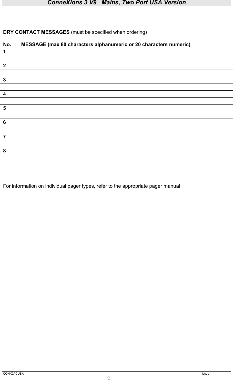 ConneXions 3 V9   Mains, Two Port USA Version  CONX9ACUSA   Issue 1  12    DRY CONTACT MESSAGES (must be specified when ordering)  No.  MESSAGE (max 80 characters alphanumeric or 20 characters numeric) 1   2  3  4  5  6  7  8      For information on individual pager types, refer to the appropriate pager manual                                
