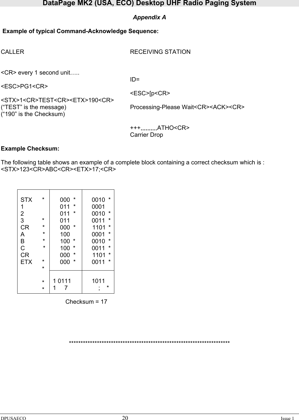 DataPage MK2 (USA, ECO) Desktop UHF Radio Paging System DPUSAECO 20    Issue 1  Appendix A   Example of typical Command-Acknowledge Sequence:   CALLER     RECEIVING STATION        &lt;CR&gt; every 1 second unit…..       ID= &lt;ESC&gt;PG1&lt;CR&gt;       &lt;ESC&gt;[p&lt;CR&gt; &lt;STX&gt;1&lt;CR&gt;TEST&lt;CR&gt;&lt;ETX&gt;190&lt;CR&gt; (“TEST” is the message)      Processing-Please Wait&lt;CR&gt;&lt;ACK&gt;&lt;CR&gt;   (“190” is the Checksum)        +++,,,,,,,,,,ATHO&lt;CR&gt;       Carrier Drop  Example Checksum:  The following table shows an example of a complete block containing a correct checksum which is : &lt;STX&gt;123&lt;CR&gt;ABC&lt;CR&gt;&lt;ETX&gt;17;&lt;CR&gt;                   Checksum = 17      *********************************************************************   000  * 011  * 011  * 011 000  * 100 100 * 100 * 000  * 000  *      0010  *     0001     0010  *     0011  * 1101 *     0001  *     0010  *     0011  * 1101 *     0011  *    STX      * 1 2 3           * CR        * A           * B           * C           * CR ETX      *              *               *              *  1 0111 1     7      1011         ;    * 