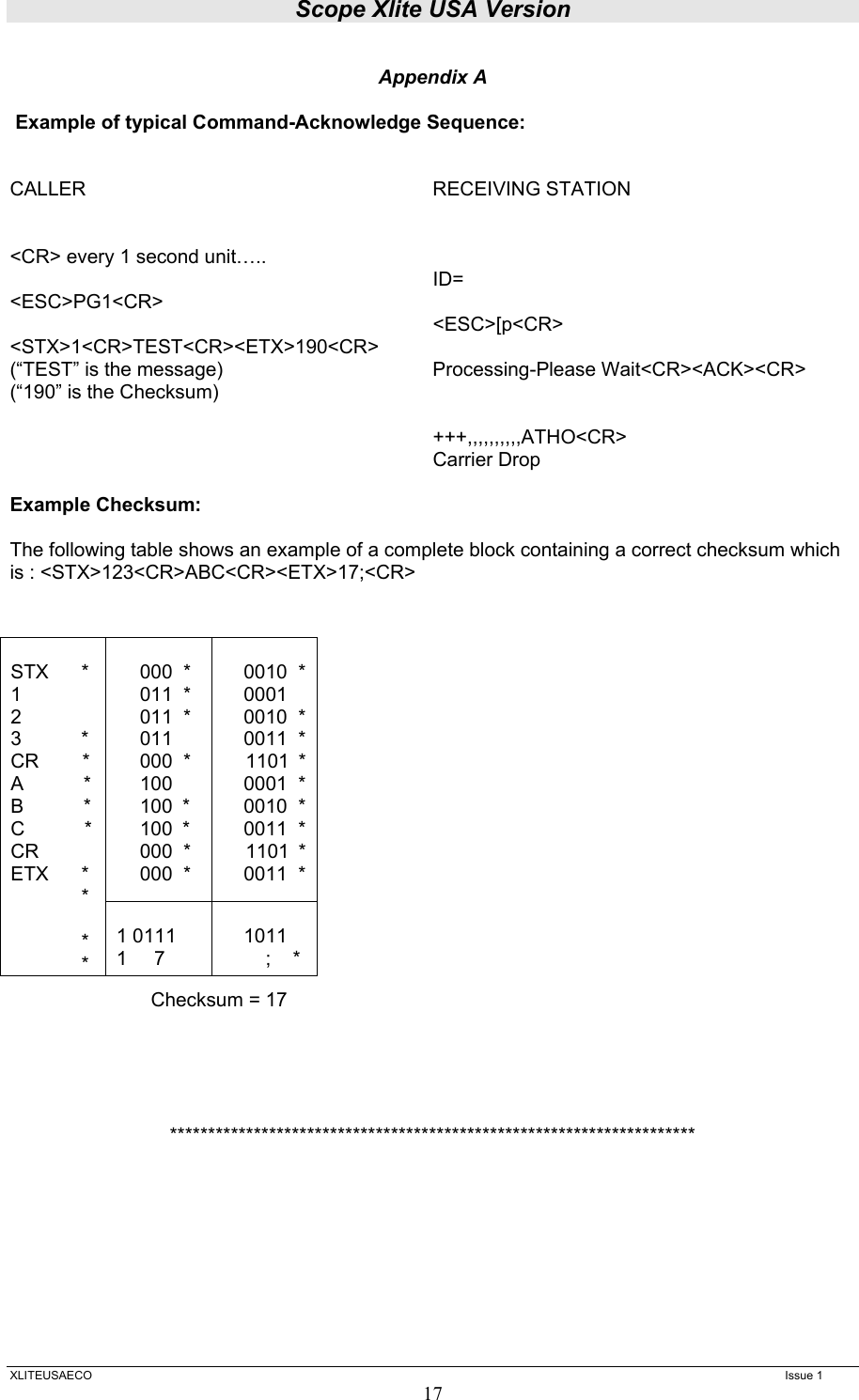 Scope Xlite USA Version  XLITEUSAECO   Issue 1 17 Appendix A   Example of typical Command-Acknowledge Sequence:   CALLER     RECEIVING STATION        &lt;CR&gt; every 1 second unit…..       ID= &lt;ESC&gt;PG1&lt;CR&gt;       &lt;ESC&gt;[p&lt;CR&gt; &lt;STX&gt;1&lt;CR&gt;TEST&lt;CR&gt;&lt;ETX&gt;190&lt;CR&gt; (“TEST” is the message)      Processing-Please Wait&lt;CR&gt;&lt;ACK&gt;&lt;CR&gt;   (“190” is the Checksum)        +++,,,,,,,,,,ATHO&lt;CR&gt;       Carrier Drop  Example Checksum:  The following table shows an example of a complete block containing a correct checksum which is : &lt;STX&gt;123&lt;CR&gt;ABC&lt;CR&gt;&lt;ETX&gt;17;&lt;CR&gt;                   Checksum = 17      *********************************************************************   000  * 011  * 011  * 011 000  * 100 100 * 100 * 000  * 000  *      0010  *     0001     0010  *     0011  * 1101 *     0001  *     0010  *     0011  * 1101 *     0011  *    STX      * 1 2 3           * CR        * A           * B           * C           * CR ETX      *              *               *              *  1 0111 1     7      1011         ;    * 