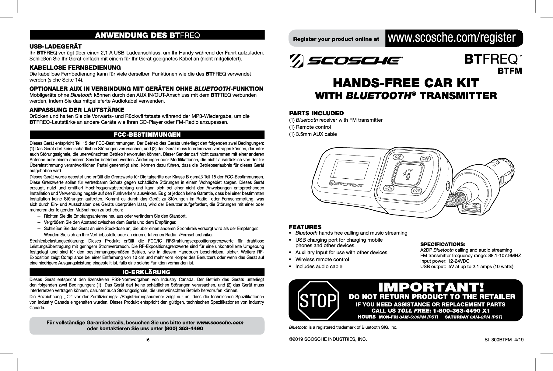 Scosche BTFM Bluetooth FM Transmitter User Manual