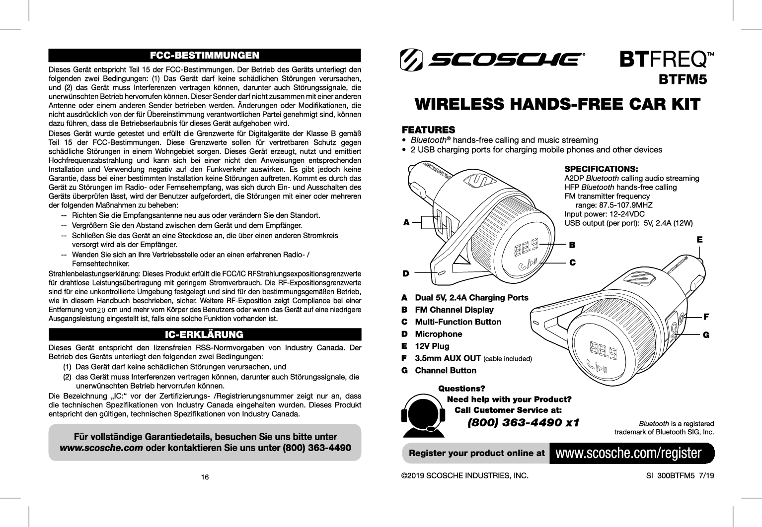 Scosche BTFM5 WIRELESS HANDSFREE CAR KIT User Manual BTFM5 Spread indd