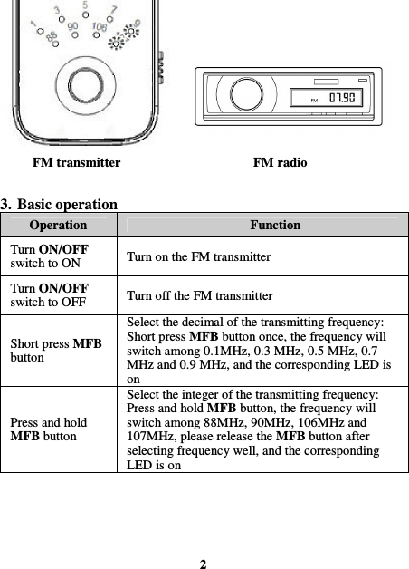             FM transmitter                                        FM radio   3. Basic operation Operation  Function Turn ON/OFF switch to ON  Turn on the FM transmitter Turn ON/OFF switch to OFF  Turn off the FM transmitter Short press MFB button   Select the decimal of the transmitting frequency: Short press MFB button once, the frequency will switch among 0.1MHz, 0.3 MHz, 0.5 MHz, 0.7 MHz and 0.9 MHz, and the corresponding LED is on  Press and hold MFB button Select the integer of the transmitting frequency: Press and hold MFB button, the frequency will switch among 88MHz, 90MHz, 106MHz and 107MHz, please release the MFB button after selecting frequency well, and the corresponding LED is on        2 