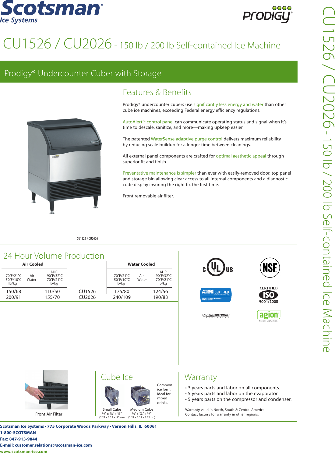 Page 1 of 2 - Scotsman Scotsman-Cu1526-Cu2026-Prodigy-Specification-Sheet-  Scotsman-cu1526-cu2026-prodigy-specification-sheet