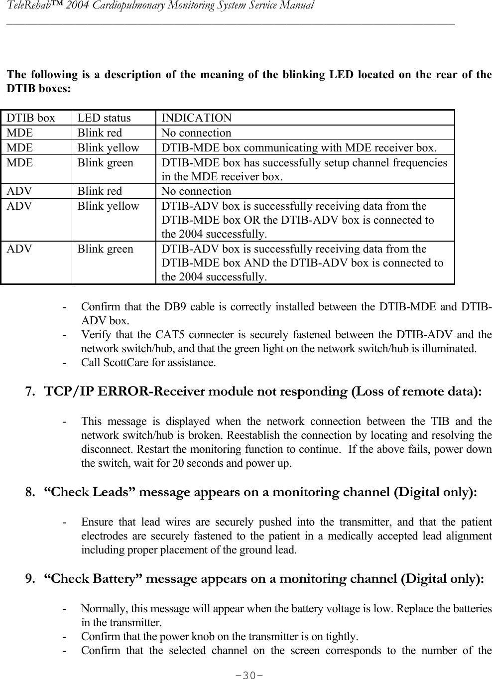 TeleRehab™ 2004 Cardiopulmonary Monitoring System Service Manual  ________________________________________________________________________     -30-  The following is a description of the meaning of the blinking LED located on the rear of the DTIB boxes:  DTIB box  LED status  INDICATION MDE  Blink red   No connection MDE  Blink yellow  DTIB-MDE box communicating with MDE receiver box. MDE  Blink green  DTIB-MDE box has successfully setup channel frequencies in the MDE receiver box. ADV  Blink red   No connection ADV  Blink yellow  DTIB-ADV box is successfully receiving data from the DTIB-MDE box OR the DTIB-ADV box is connected to the 2004 successfully.  ADV  Blink green  DTIB-ADV box is successfully receiving data from the DTIB-MDE box AND the DTIB-ADV box is connected to the 2004 successfully.  - Confirm that the DB9 cable is correctly installed between the DTIB-MDE and DTIB-ADV box. - Verify that the CAT5 connecter is securely fastened between the DTIB-ADV and the network switch/hub, and that the green light on the network switch/hub is illuminated. - Call ScottCare for assistance.  7. TCP/IP ERROR-Receiver module not responding (Loss of remote data):   - This message is displayed when the network connection between the TIB and the network switch/hub is broken. Reestablish the connection by locating and resolving the disconnect. Restart the monitoring function to continue.  If the above fails, power down the switch, wait for 20 seconds and power up.  8. “Check Leads” message appears on a monitoring channel (Digital only):  - Ensure that lead wires are securely pushed into the transmitter, and that the patient electrodes are securely fastened to the patient in a medically accepted lead alignment including proper placement of the ground lead.  9. “Check Battery” message appears on a monitoring channel (Digital only):  - Normally, this message will appear when the battery voltage is low. Replace the batteries in the transmitter. - Confirm that the power knob on the transmitter is on tightly. - Confirm that the selected channel on the screen corresponds to the number of the 