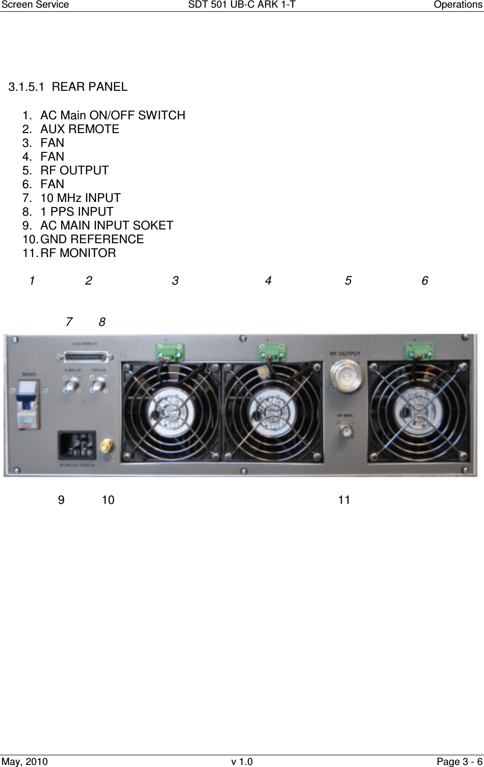Screen Service  SDT 501 UB-C ARK 1-T  Operations May, 2010  v 1.0  Page 3 - 6    3.1.5.1  REAR PANEL  1.  AC Main ON/OFF SWITCH 2.  AUX REMOTE 3.  FAN 4.  FAN 5.  RF OUTPUT  6.  FAN 7.  10 MHz INPUT 8.  1 PPS INPUT 9.  AC MAIN INPUT SOKET 10. GND REFERENCE 11. RF MONITOR           1               2                        3                          4                      5                     6                               7        8                    9           10                                                                   11                                                                     