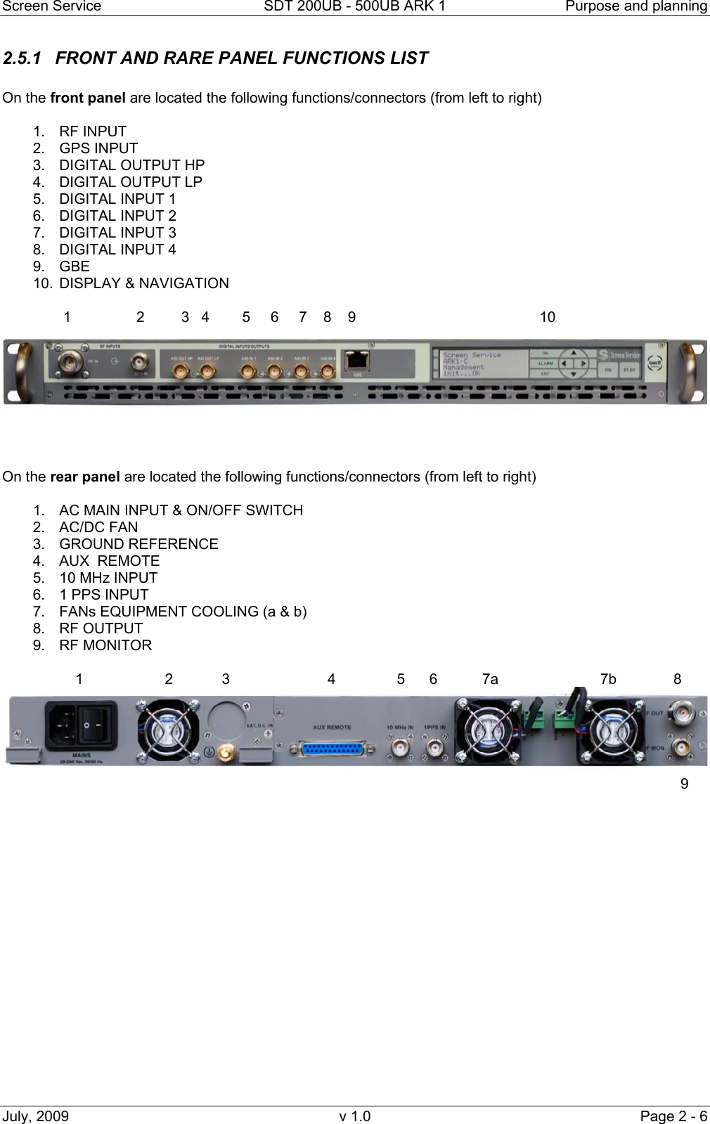 Screen Service  SDT 200UB - 500UB ARK 1  Purpose and planning July, 2009  v 1.0  Page 2 - 6 2.5.1  FRONT AND RARE PANEL FUNCTIONS LIST  On the front panel are located the following functions/connectors (from left to right)  1. RF INPUT 2. GPS INPUT 3.  DIGITAL OUTPUT HP 4.  DIGITAL OUTPUT LP 5.  DIGITAL INPUT 1 6.  DIGITAL INPUT 2 7.  DIGITAL INPUT 3 8.  DIGITAL INPUT 4  9. GBE  10. DISPLAY &amp; NAVIGATION                 1                2         3   4        5     6     7    8    9                                             10     On the rear panel are located the following functions/connectors (from left to right)  1.  AC MAIN INPUT &amp; ON/OFF SWITCH 2. AC/DC FAN 3. GROUND REFERENCE 4.  AUX  REMOTE   5.  10 MHz INPUT 6.  1 PPS INPUT 7.  FANs EQUIPMENT COOLING (a &amp; b)  8. RF OUTPUT  9.  RF MONITOR                     1                    2            3                        4               5      6           7a                         7b              8                                                                                                                                                                    9                 