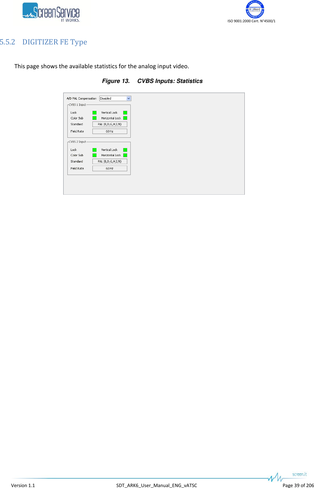    ISO 9001:2000 Cert. N°4500/1   Version 1.1  SDT_ARK6_User_Manual_ENG_vATSC  Page 39 of 206 5.5.2 DIGITIZER FE Type  This page shows the available statistics for the analog input video. Figure 13. CVBS Inputs: Statistics  