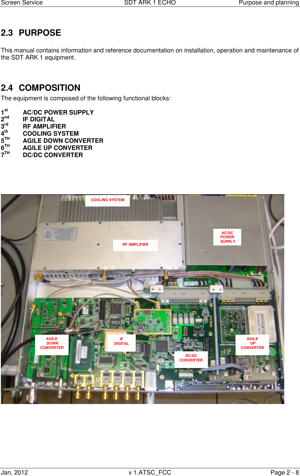 Screen Service  SDT ARK 1 ECHO  Purpose and planning Jan, 2012  v 1.ATSC_FCC  Page 2 - 8 2.3  PURPOSE  This manual contains information and reference documentation on installation, operation and maintenance of the SDT ARK 1 equipment.   2.4  COMPOSITION The equipment is composed of the following functional blocks:  1st  AC/DC POWER SUPPLY 2nd  IF DIGITAL  3rd  RF AMPLIFIER 4th   COOLING SYSTEM 5TH   AGILE DOWN CONVERTER 6TH   AGILE UP CONVERTER 7TH   DC/DC CONVERTER            AC/DC POWER  SUPPLY  RF AMPLIFIER IF DIGITAL COOLING SYSTEM AGILE  DOWN  CONVERTER AGILE  UP  CONVERTER DC/DC CONVERTER 