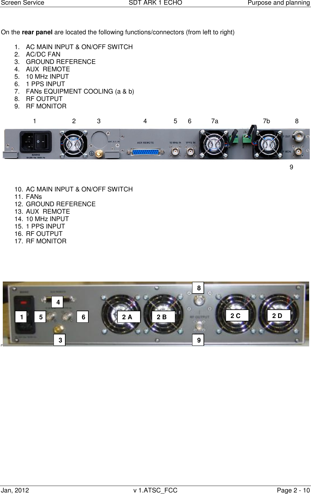 Screen Service  SDT ARK 1 ECHO  Purpose and planning Jan, 2012  v 1.ATSC_FCC  Page 2 - 10  On the rear panel are located the following functions/connectors (from left to right)  1.  AC MAIN INPUT &amp; ON/OFF SWITCH 2.  AC/DC FAN 3.  GROUND REFERENCE 4.  AUX  REMOTE   5.  10 MHz INPUT 6.  1 PPS INPUT 7.  FANs EQUIPMENT COOLING (a &amp; b)  8.  RF OUTPUT  9.  RF MONITOR                     1                    2            3                        4               5      6           7a                         7b              8                                                                                                                                                                    9   10. AC MAIN INPUT &amp; ON/OFF SWITCH 11. FANs  12. GROUND REFERENCE 13. AUX  REMOTE   14. 10 MHz INPUT 15. 1 PPS INPUT 16. RF OUTPUT  17. RF MONITOR                  2 1                    1 2 A 32 1 1 42 1 1 52 1 1 62 1 1 82 1 1 92 1 1 2 B 2 C 2 D 