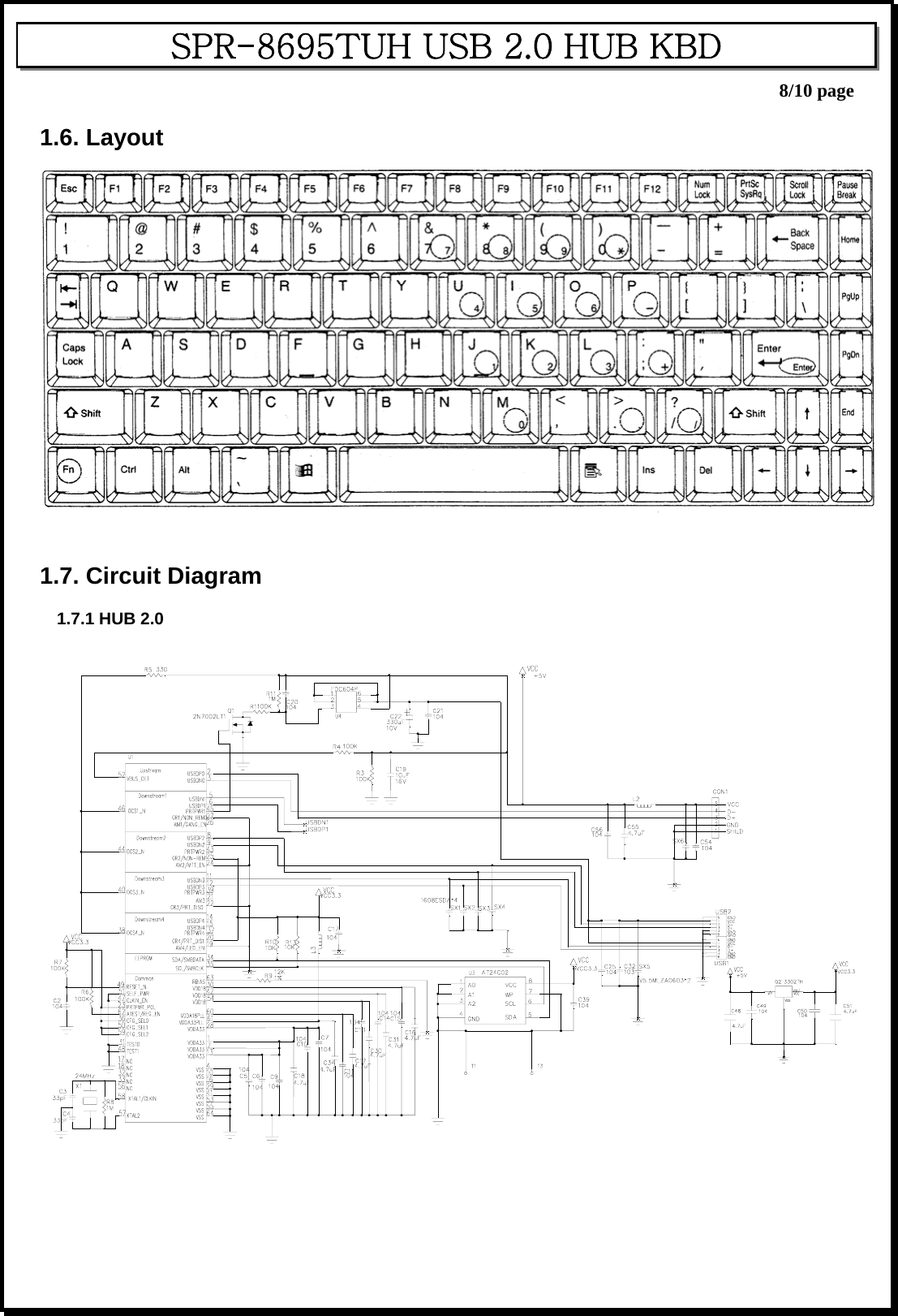    8/10 page SPR-8695TUH USB 2.0 HUB KBD  1.6. Layout       1.7. Circuit Diagram  1.7.1 HUB 2.0        