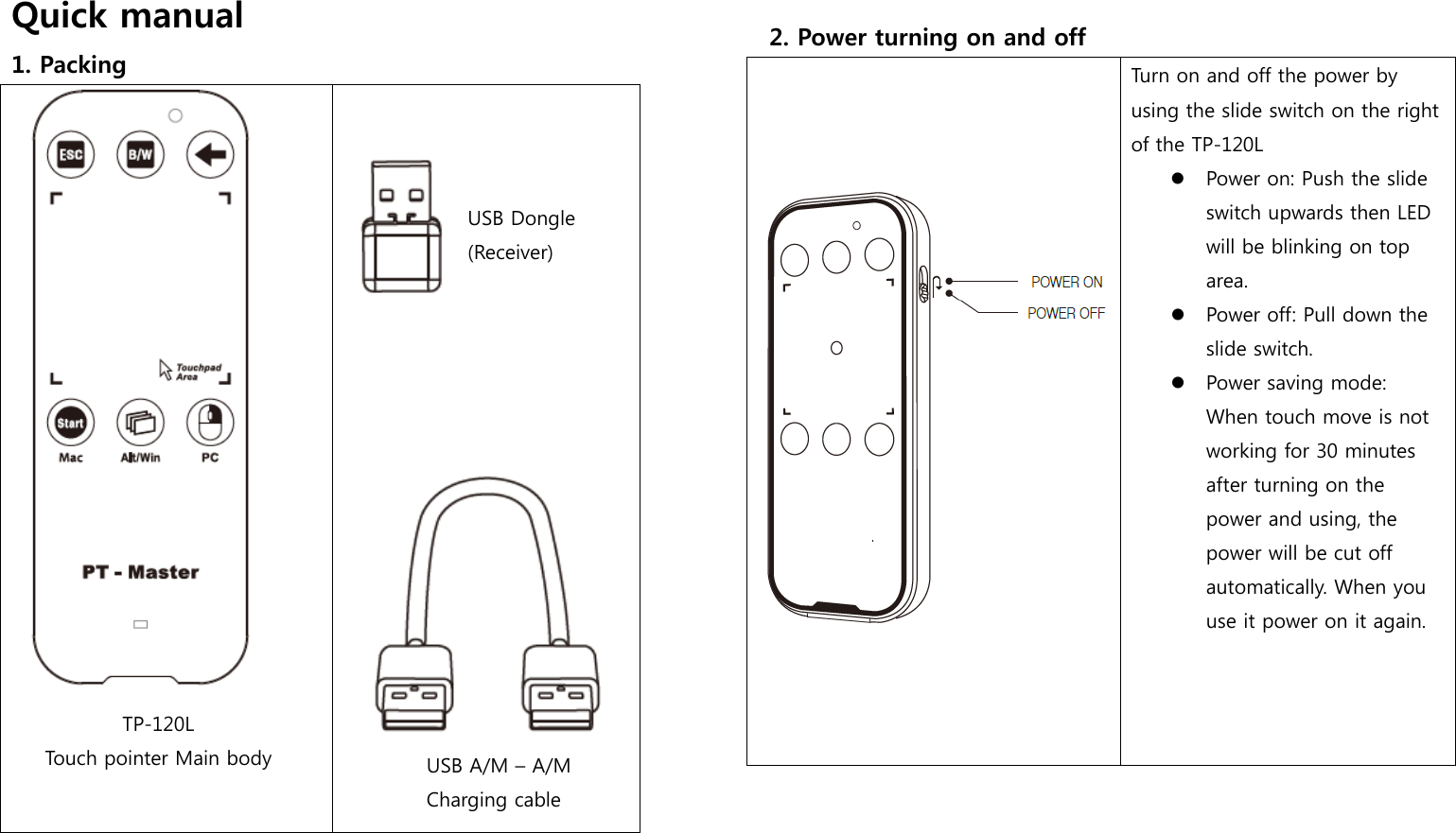 Quick manual 1. Packing                  2. Power turning on and off    Turn on and off the power by using the slide switch on the right of the TP-120L  Power on: Push the slide switch upwards then LED will be blinking on top area.  Power off: Pull down the slide switch.  Power saving mode: When touch move is not working for 30 minutes after turning on the power and using, the power will be cut off automatically. When you use it power on it again.  USB Dongle (Receiver) USB A/M – A/M Charging cable TP-120L Touch pointer Main body 
