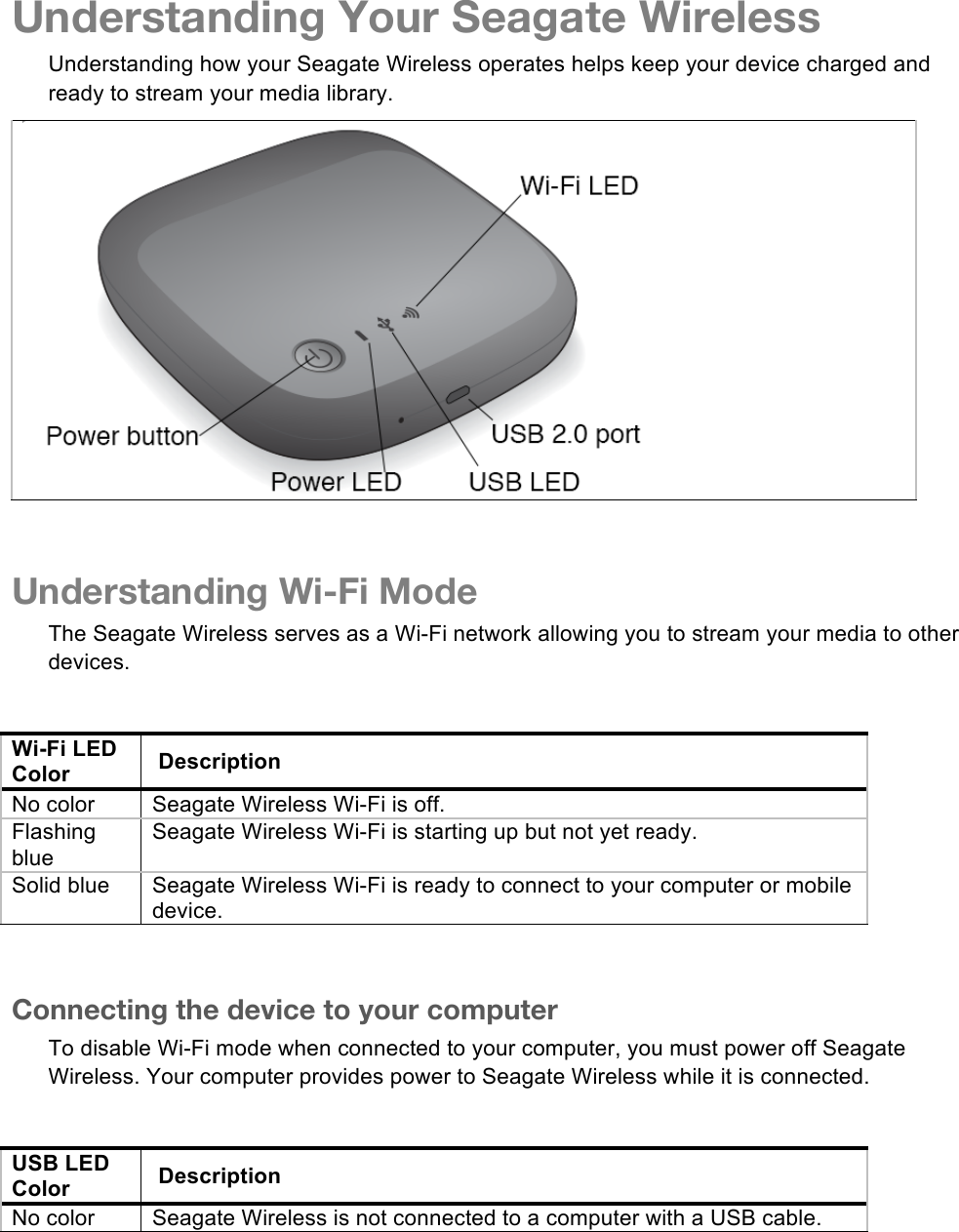Understanding Your Seagate Wireless Understanding how your Seagate Wireless operates helps keep your device charged and ready to stream your media library. P   Understanding Wi-Fi Mode The Seagate Wireless serves as a Wi-Fi network allowing you to stream your media to other devices.    Wi-Fi LED Color  Description No color Seagate Wireless Wi-Fi is off. Flashing blue Seagate Wireless Wi-Fi is starting up but not yet ready. Solid blue Seagate Wireless Wi-Fi is ready to connect to your computer or mobile device.  Connecting the device to your computer To disable Wi-Fi mode when connected to your computer, you must power off Seagate Wireless. Your computer provides power to Seagate Wireless while it is connected.  USB LED Color  Description No color Seagate Wireless is not connected to a computer with a USB cable. 