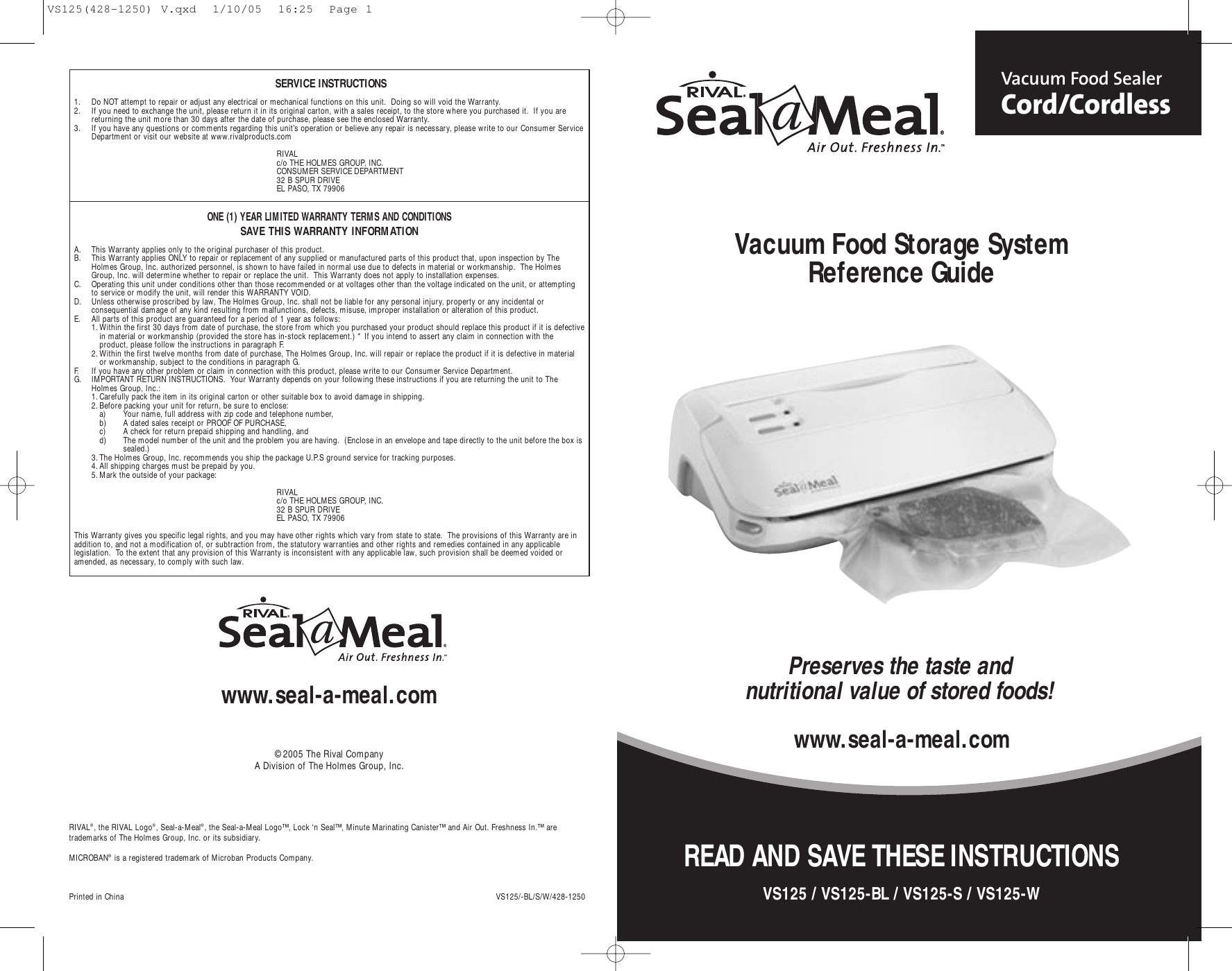 Page 1 of 8 - Seal-A-Meal Seal-A-Meal-Vs125-Users-Manual- VS125(428-1250) V  Seal-a-meal-vs125-users-manual