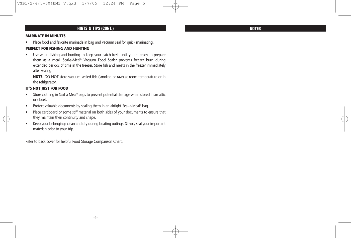 Seal A Meal Vsb1 6 Users Manual VSB1/2/4/5 604EM1 V