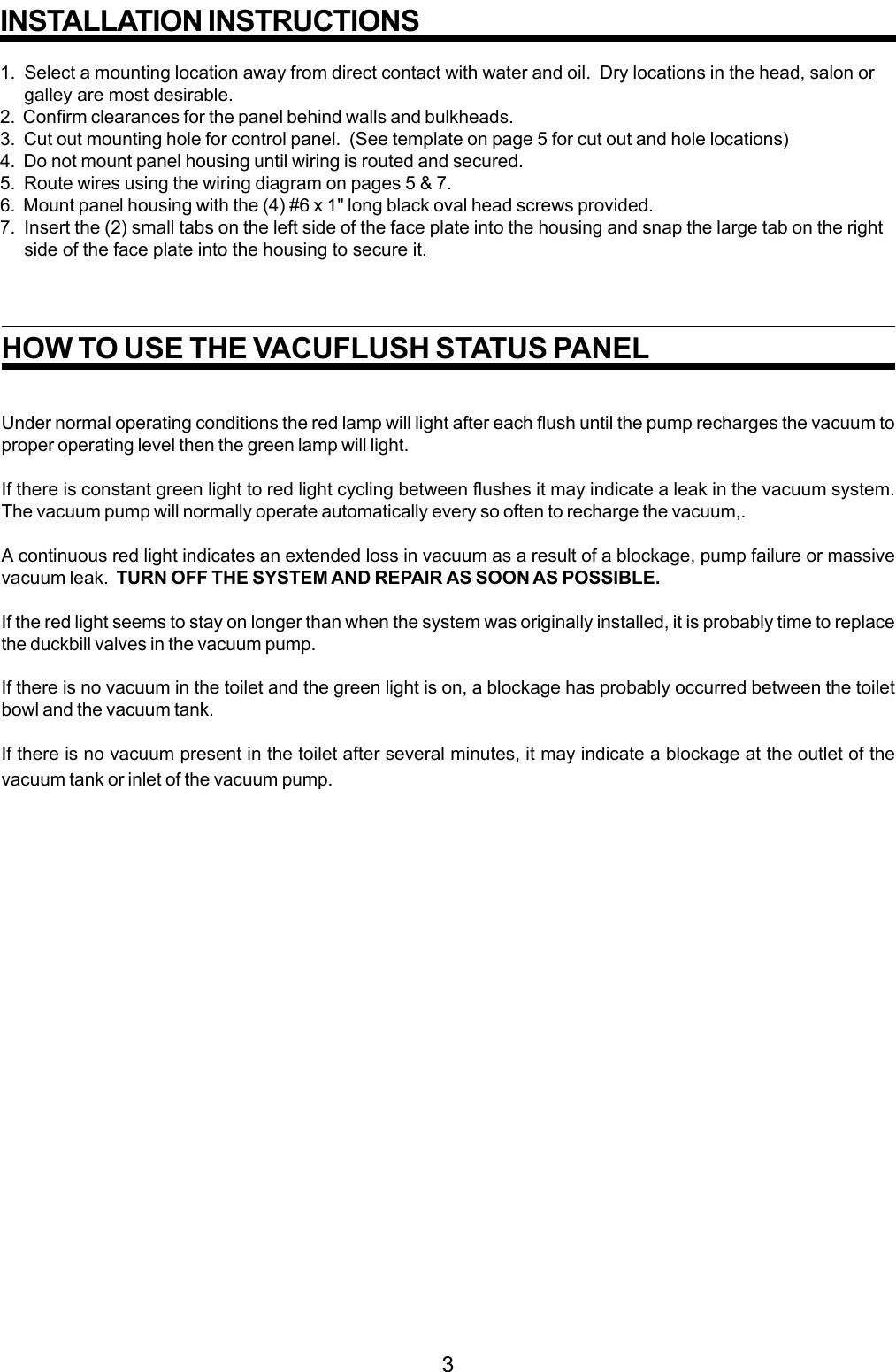 Sealand Vacuflush Users Manual Status Panel