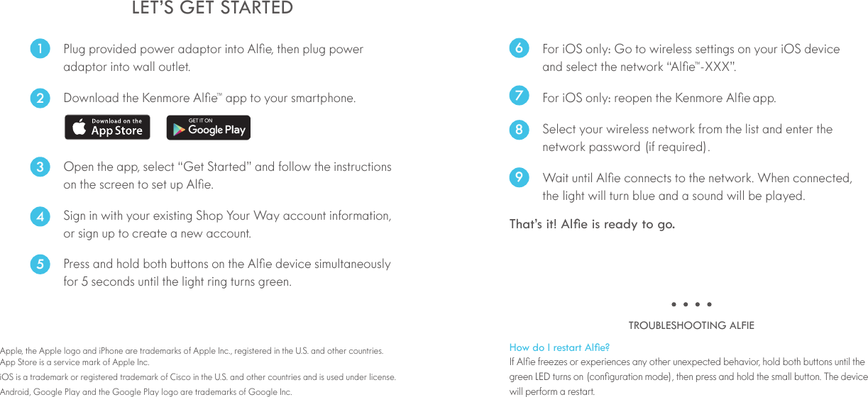 1   2 &trade;    3  4   5   6  &trade;7 8  9   That&rsquo;s it! Ale is ready to go. How do I restart Ale?LED TROUBLESHOOTING ALFIELET&rsquo;S GET STARTED