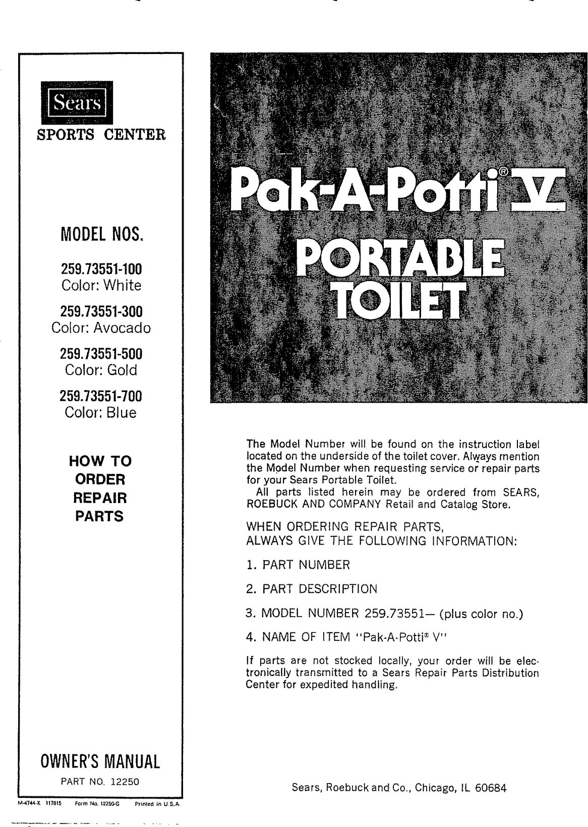 Page 4 of 4 - Sears 25973551-100 L0911520 User Manual  PAK-A-POTTI V PORTABLE TOILET - Manuals And Guides