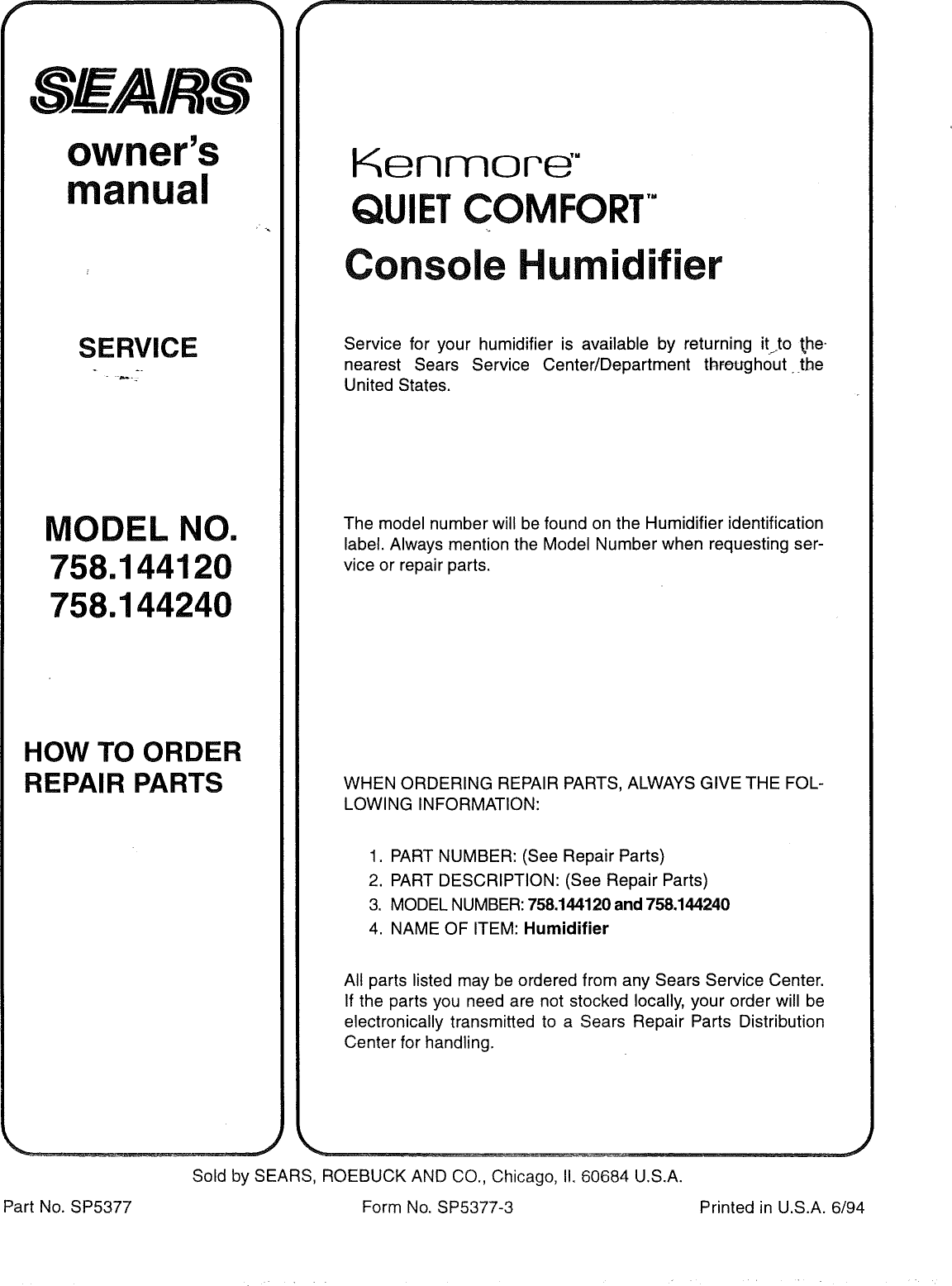 Sears Kenmore Quiet Comfort 758 144120 Users Manual