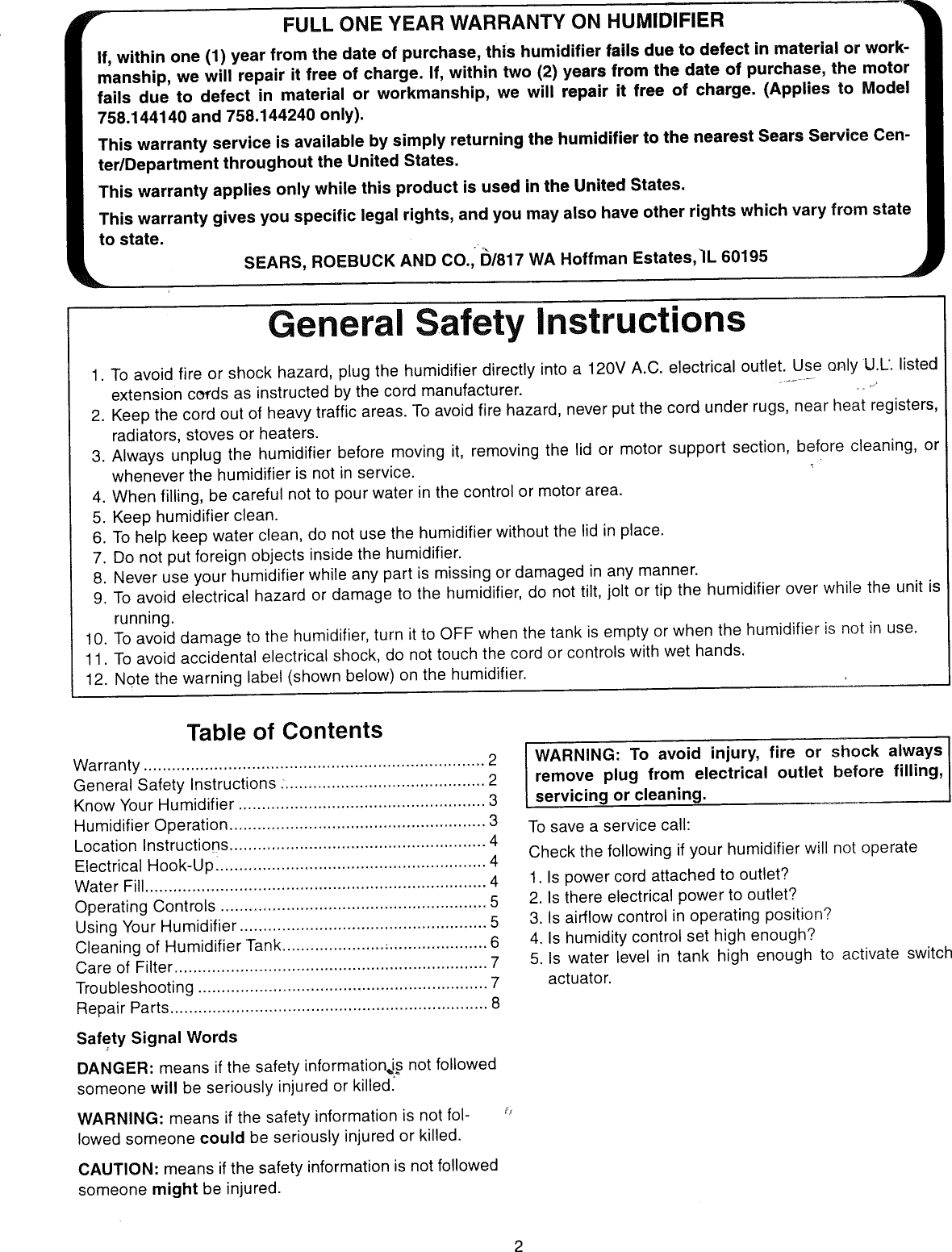 Page 2 of 12 - Sears Sears-Kenmore-Quiet-Comfort-758-144120-Users-Manual-  Sears-kenmore-quiet-comfort-758-144120-users-manual