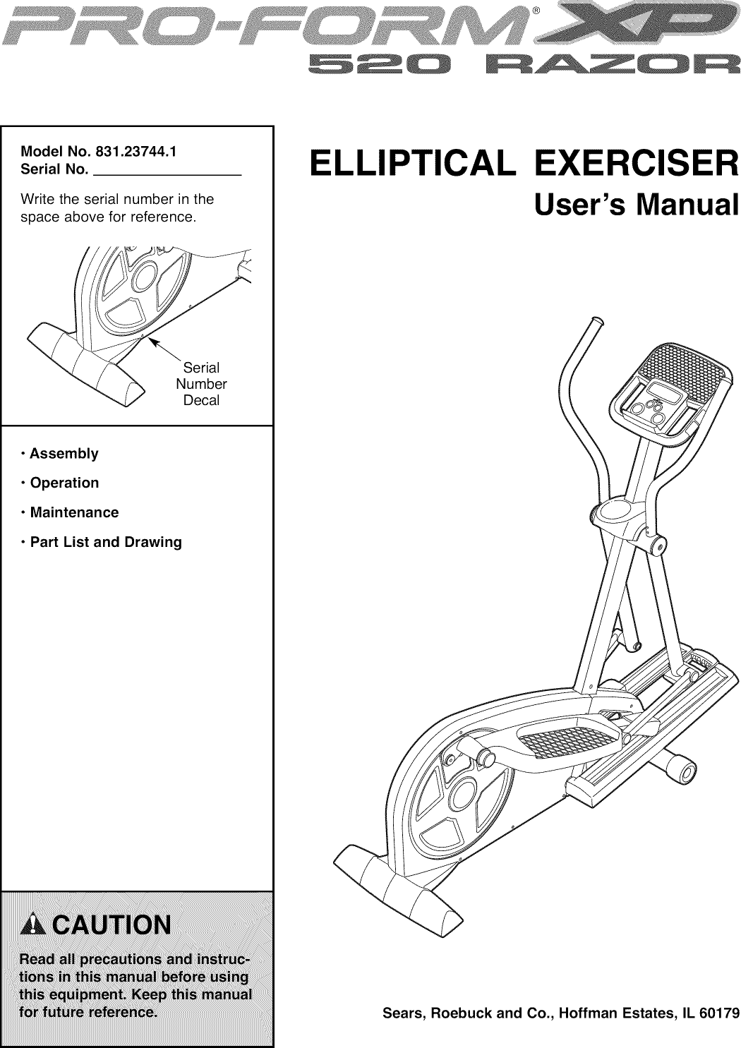 Proform Xp 520 Razor Elliptical Sears Pro Form 831 23744 1 Users Manual