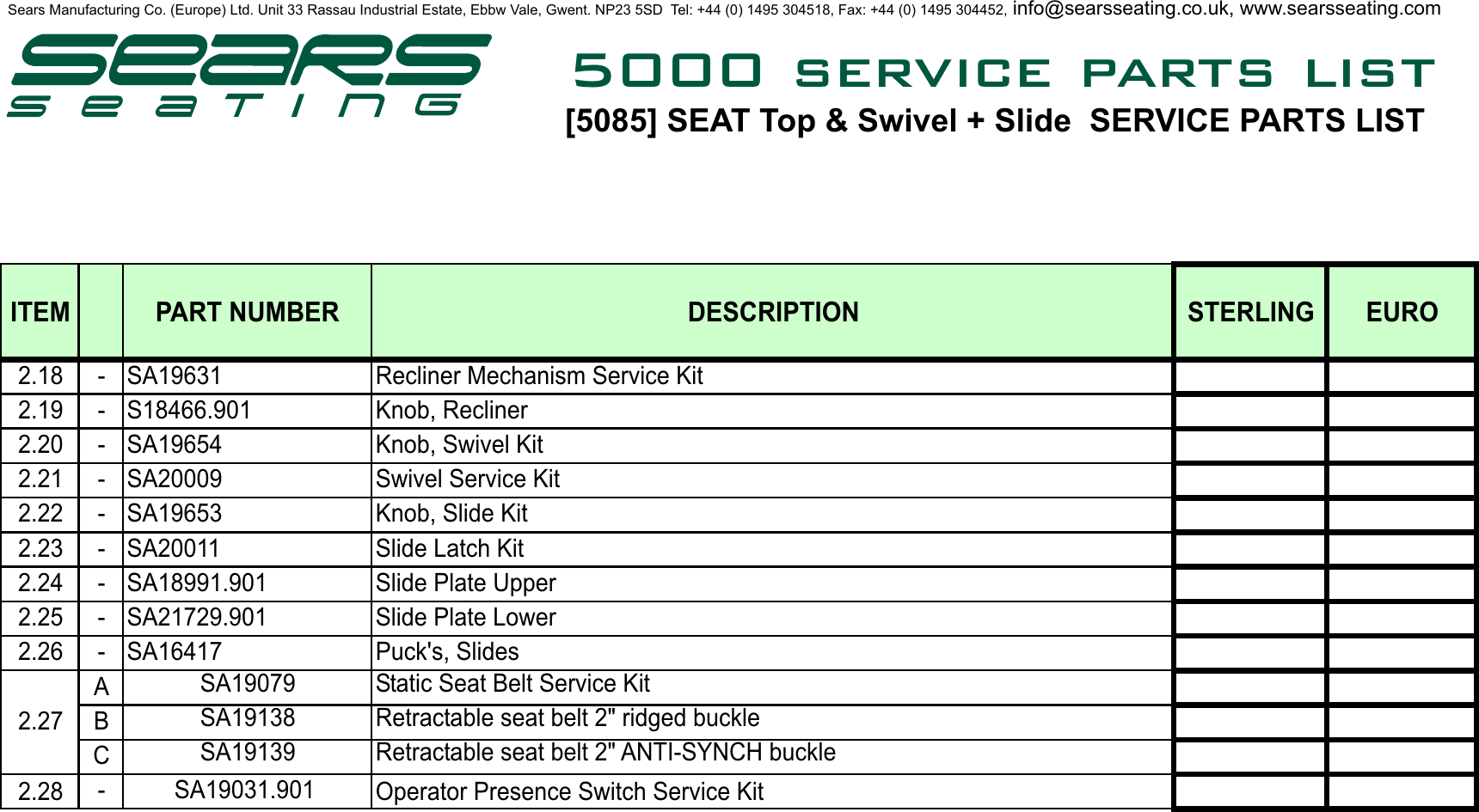 Page 10 of 10 - Sears Sears-Seat-Top-5000-Users-Manual- PARTS & FITTING INSTRUCTIONS LIST 01-05 No Prices  Sears-seat-top-5000-users-manual