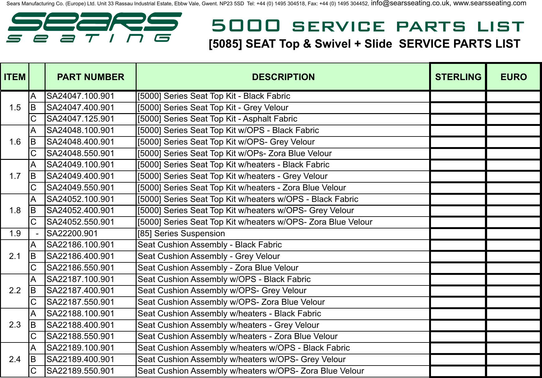 Page 8 of 10 - Sears Sears-Seat-Top-5000-Users-Manual- PARTS & FITTING INSTRUCTIONS LIST 01-05 No Prices  Sears-seat-top-5000-users-manual