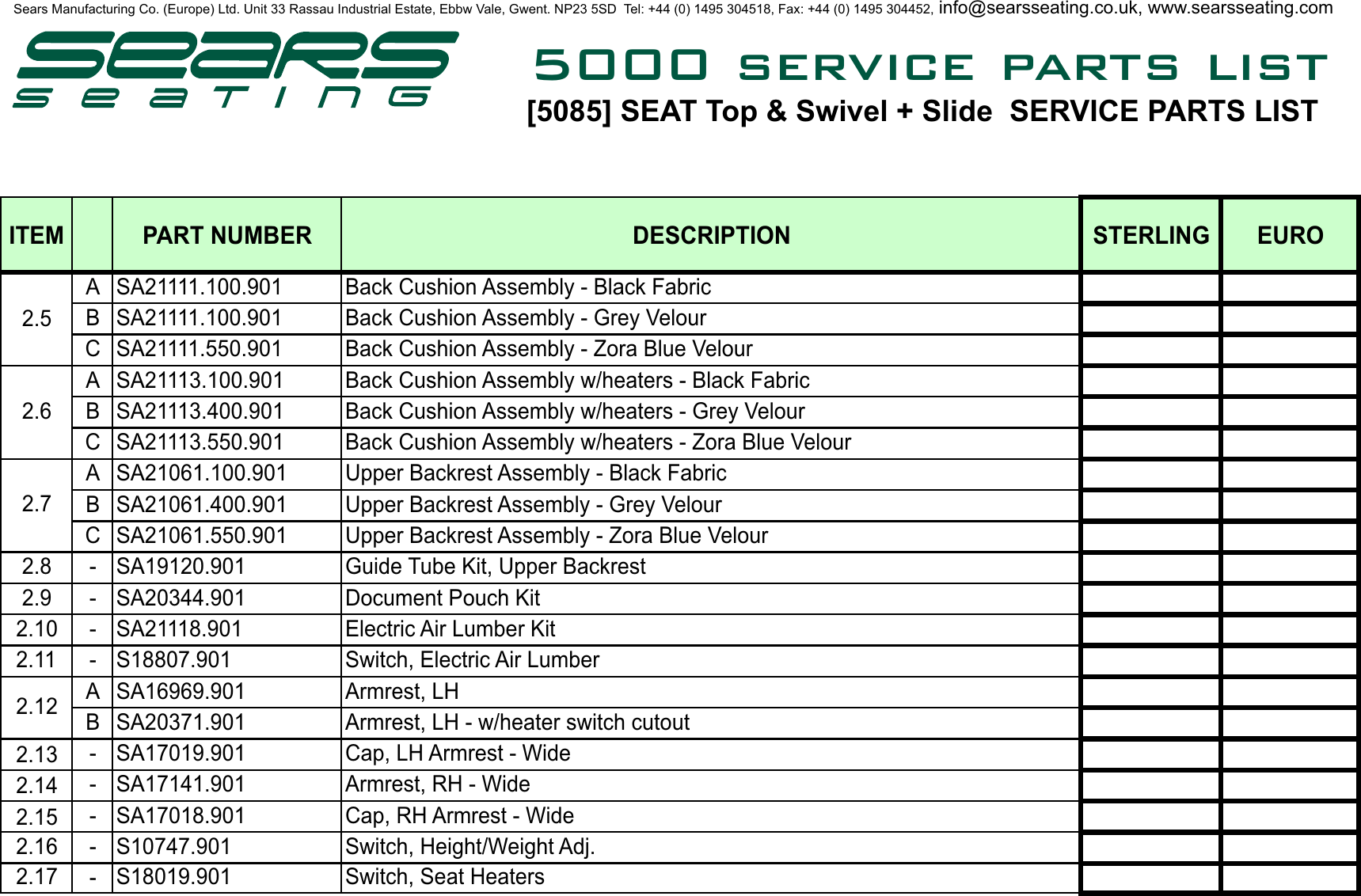 Page 9 of 10 - Sears Sears-Seat-Top-5000-Users-Manual- PARTS & FITTING INSTRUCTIONS LIST 01-05 No Prices  Sears-seat-top-5000-users-manual