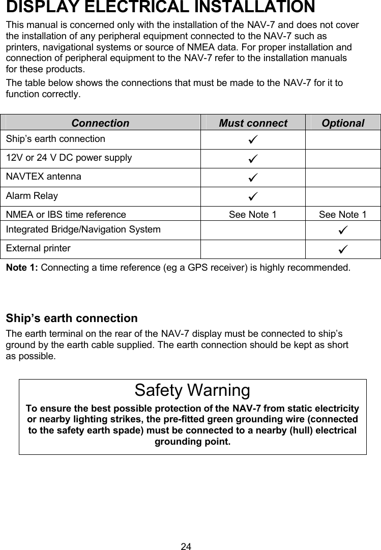  24 DISPLAY ELECTRICAL INSTALLATION This manual is concerned only with the installation of the NAV-7 and does not cover the installation of any peripheral equipment connected to the NAV-7 such as printers, navigational systems or source of NMEA data. For proper installation and connection of peripheral equipment to the NAV-7 refer to the installation manuals for these products. The table below shows the connections that must be made to the NAV-7 for it to function correctly.  Connection Must connect Optional Ship’s earth connection ü  12V or 24 V DC power supply ü  NAVTEX antenna ü  Alarm Relay ü  NMEA or IBS time reference See Note 1 See Note 1 Integrated Bridge/Navigation System    ü External printer    ü Note 1: Connecting a time reference (eg a GPS receiver) is highly recommended.  Ship’s earth connection The earth terminal on the rear of the NAV-7 display must be connected to ship’s ground by the earth cable supplied. The earth connection should be kept as short as possible.  Safety Warning To ensure the best possible protection of the NAV-7 from static electricity or nearby lighting strikes, the pre-fitted green grounding wire (connected to the safety earth spade) must be connected to a nearby (hull) electrical grounding point. 