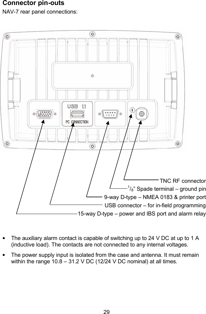  29 Connector pin-outs NAV-7 rear panel connections:                          • The auxiliary alarm contact is capable of switching up to 24 V DC at up to 1 A (inductive load). The contacts are not connected to any internal voltages. • The power supply input is isolated from the case and antenna. It must remain within the range 10.8 – 31.2 V DC (12/24 V DC nominal) at all times.    TNC RF connector 1/8” Spade terminal – ground pin 9-way D-type – NMEA 0183 &amp; printer port USB connector – for in-field programming  15-way D-type – power and IBS port and alarm relay 