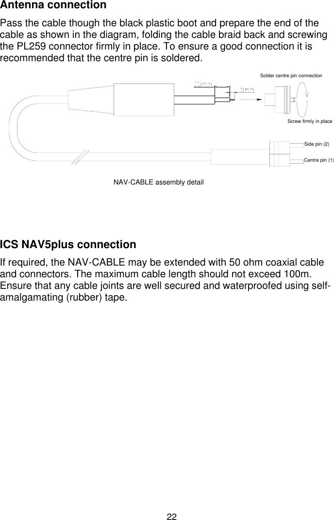 22Antenna connectionPass the cable though the black plastic boot and prepare the end of thecable as shown in the diagram, folding the cable braid back and screwingthe PL259 connector firmly in place. To ensure a good connection it isrecommended that the centre pin is soldered.Screw firmly in placeSolder centre pin connectionSide pin (2)Centre pin (1)NAV-CABLE assembly detailICS NAV5plus connectionIf required, the NAV-CABLE may be extended with 50 ohm coaxial cableand connectors. The maximum cable length should not exceed 100m.Ensure that any cable joints are well secured and waterproofed using self-amalgamating (rubber) tape.