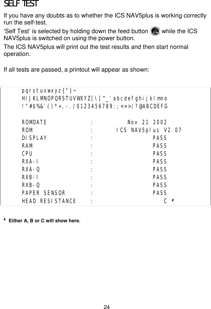 24SELF TESTIf you have any doubts as to whether the ICS NAV5plus is working correctlyrun the self-test.‘Self Test’ is selected by holding down the feed button        while the ICSNAV5plus is switched on using the power button.The ICS NAV5plus will print out the test results and then start normaloperation.If all tests are passed, a printout will appear as shown:     pqrstuvwxyz{“}~     HIJKLMNOPQRSTUVWXYZ[\]^_’abcdefghijklmno     !”#$%&amp;’()*+,-./0123456789:;&lt;=&gt;/?@ABCDEFG     ROMDATE :         Nov 21 2002     ROM :      ICS NAV5plus V2.07     DISPLAY :      PASS     RAM :      PASS     CPU :      PASS     RXA-I :      PASS     RXA-Q :      PASS     RXB-I :      PASS     RXB-Q :      PASS     PAPER SENSOR :      PASS     HEAD RESISTANCE :         C ** Either A, B or C will show here.