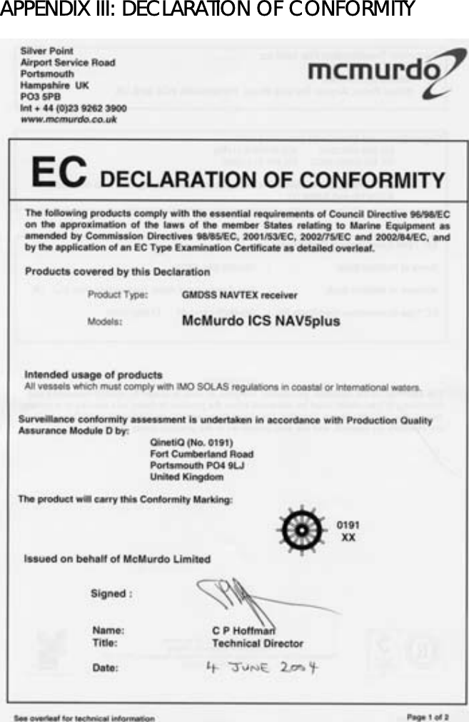 APPENDIX III: DECLARATION OF CONFORMITY