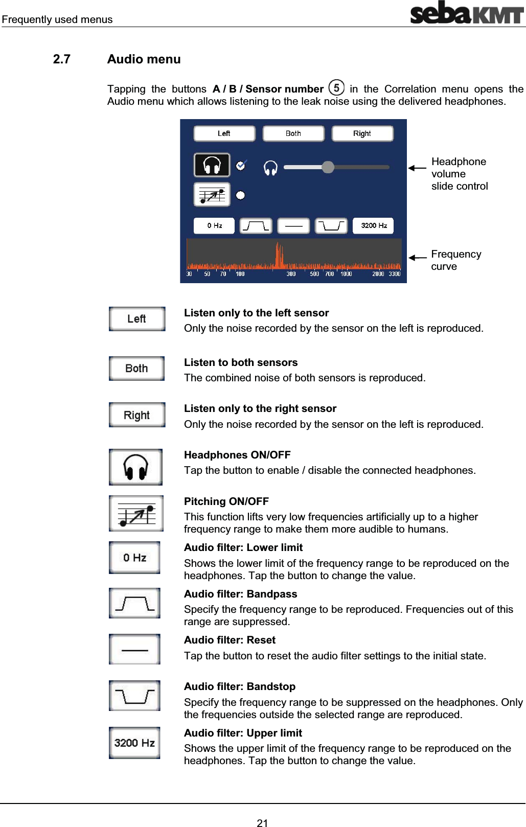 Frequently used menus212.7 Audio menuTapping the buttons A/B/Sensornumber in the Correlation menu opens the Audio menu which allows listening to the leak noise using the delivered headphones.Listen only to the left sensorOnly the noise recorded by the sensor on the left is reproduced.Listen to both sensorsThe combined noise of both sensors is reproduced.Listen only to the right sensorOnly the noise recorded by the sensor on the left is reproduced.Headphones ON/OFFTap the button to enable / disable the connected headphones.Pitching ON/OFFThis function lifts very low frequencies artificially up to a higher frequency range to make them more audible to humans.Audio filter: Lower limitShows the lower limit of the frequency range to be reproduced on the headphones. Tap the button to change the value.Audio filter: Bandpass Specify the frequency range to be reproduced. Frequencies out of this range are suppressed.Audio filter: Reset Tap the button to reset the audio filter settings to the initial state.Audio filter: BandstopSpecify the frequency range to be suppressed on the headphones. Only the frequencies outside the selected range are reproduced.Audio filter: Upper limit Shows the upper limit of the frequency range to be reproduced on the headphones. Tap the button to change the value.Headphone volumeslide controlFrequency curve