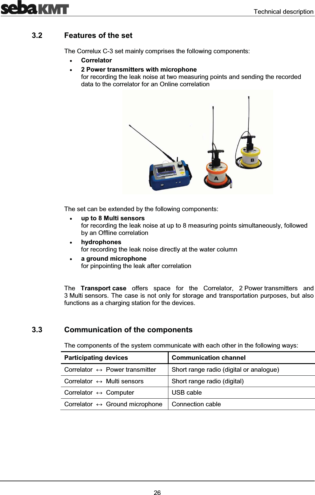 Technical description263.2 Features of the setThe Correlux C-3 set mainly comprises the following components: xCorrelator x2 Power transmitters with microphonefor recording the leak noise at two measuring points and sending the recorded data to the correlator for an Online correlationThe set can be extended by the following components:xup to 8 Multi sensorsfor recording the leak noise at up to 8 measuring points simultaneously, followed by an Offline correlationxhydrophones for recording the leak noise directly at the water column xa ground microphone for pinpointing the leak after correlationThe Transport case offers space for the Correlator, 2 Power transmitters and3 Multi sensors. The case is not only for storage and transportation purposes, but also functions as a charging station for the devices.3.3 Communication of the componentsThe components of the system communicate with each other in the following ways: Participating devices Communication channelCorrelator Power transmitter Short range radio (digital or analogue)Correlator Multi sensors Short range radio (digital)Correlator Computer USB cableCorrelator Ground microphone Connection cable