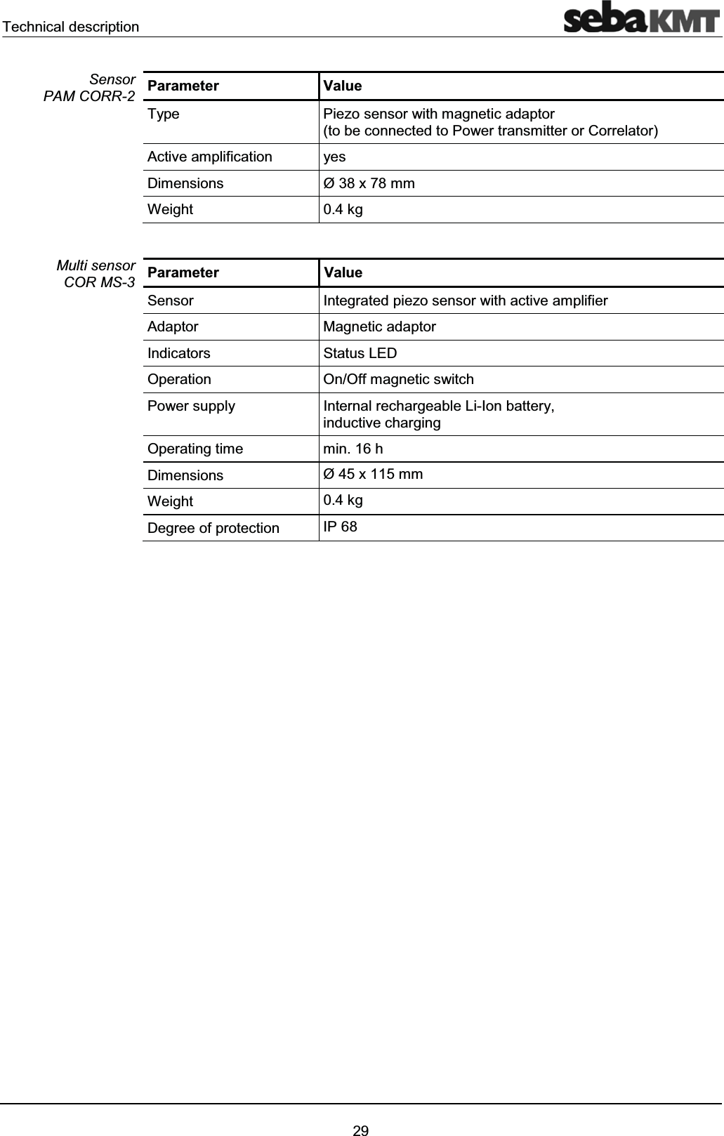 Technical description29Parameter ValueType Piezo sensor with magnetic adaptor (to be connected to Power transmitter or Correlator)Active amplification yesDimensions Ø 38 x 78 mmWeight 0.4 kgParameter ValueSensor Integrated piezo sensor with active amplifier Adaptor Magnetic adaptorIndicators Status LEDOperation On/Off magnetic switchPower supply Internal rechargeable Li-Ion battery,inductive chargingOperating time min. 16 hDimensions Ø 45 x 115 mmWeight 0.4 kgDegree of protection IP 68SensorPAM CORR-2Multi sensorCOR MS-3