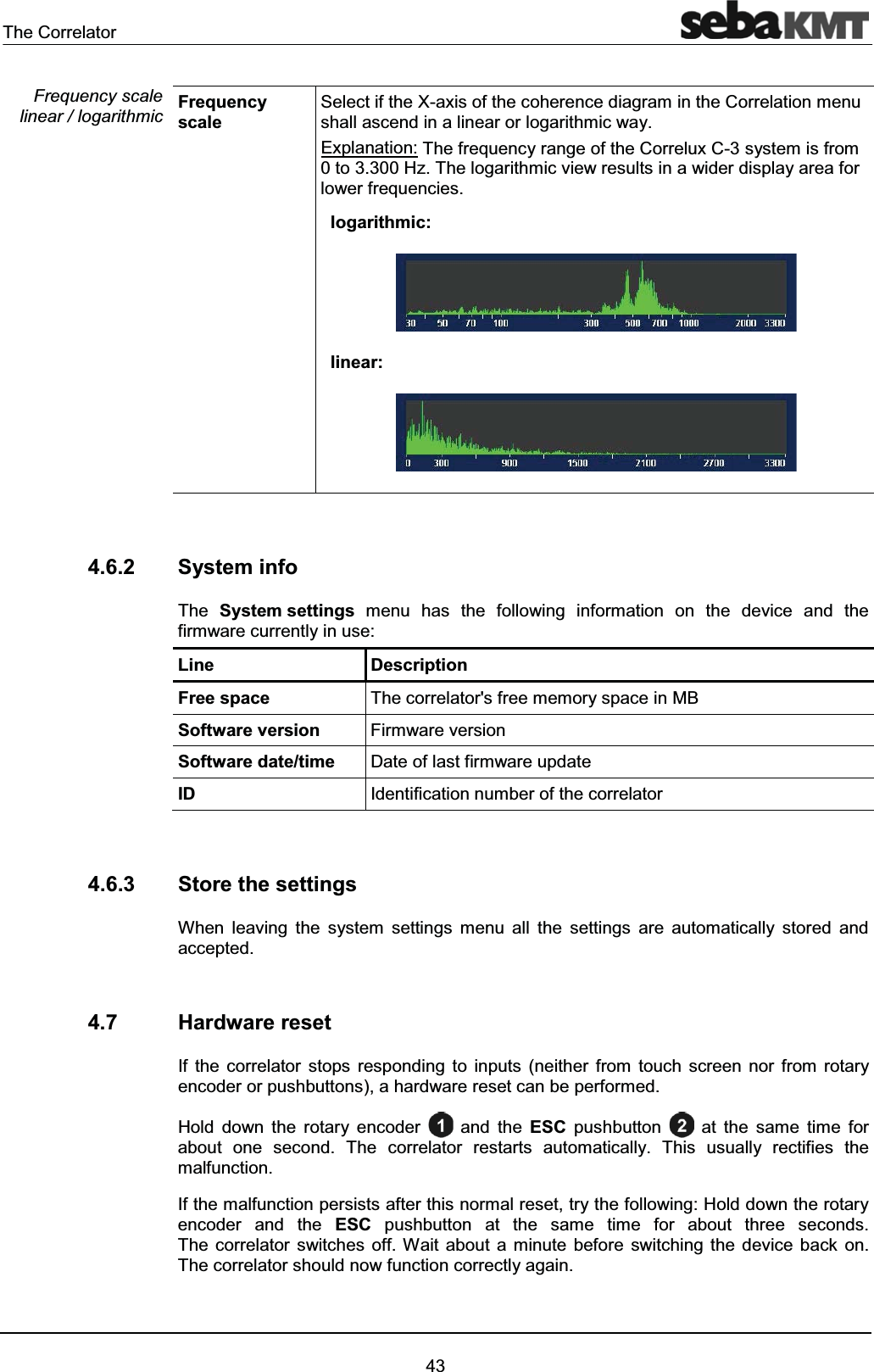The Correlator43Frequency scaleSelect if the X-axis of the coherence diagram in the Correlation menu shall ascend in a linear or logarithmic way.Explanation: The frequency range of the Correlux C-3 system is from 0 to 3.300 Hz. The logarithmic view results in a wider display area for lower frequencies.logarithmic:linear:4.6.2 System infoThe System settings menu has the following information on the device and the firmware currently in use:Line DescriptionFree space The correlator's free memory space in MBSoftware version Firmware version Software date/time Date of last firmware updateID Identification number of the correlator4.6.3 Store the settingsWhen leaving the system settings menu all the settings are automatically stored and accepted.4.7 Hardware resetIf the correlator stops responding to inputs (neither from touch screen nor from rotary encoder or pushbuttons), a hardware reset can be performed.Hold down the rotary encoder and the ESC pushbutton at the same time for about one second. The correlator restarts automatically. This usually rectifies the malfunction. If the malfunction persists after this normal reset, try the following: Hold down the rotary encoder and the ESC pushbutton at the same time for about three seconds. The correlator switches off. Wait about a minute before switching the device back on.The correlator should now function correctly again.Frequency scale linear / logarithmic