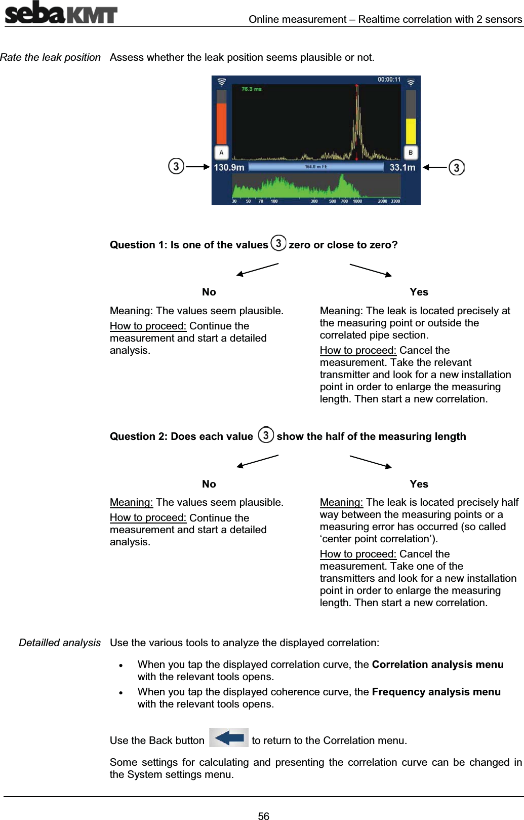 Online measurement – Realtime correlation with 2 sensors56Assess whether the leak position seems plausible or not. Question 1: Is one of the values zero or close to zero?No YesMeaning: The values seem plausible.How to proceed: Continue the measurement and start a detailed analysis. Meaning: The leak is located precisely at the measuring point or outside the correlated pipe section.How to proceed: Cancel the measurement. Take the relevant transmitter and look for a new installation point in order to enlarge the measuring length. Then start a new correlation.Question 2: Does each value show the half of the measuring lengthNo YesMeaning: The values seem plausible.How to proceed: Continue the measurement and start a detailed analysis.Meaning: The leak is located precisely half way between the measuring points or a measuring error has occurred (so called ‘center point correlation’).How to proceed: Cancel the measurement. Take one of the transmitters and look for a new installation point in order to enlarge the measuring length. Then start a new correlation.Use the various tools to analyze the displayed correlation:xWhen you tap the displayed correlation curve, the Correlation analysis menuwith the relevant tools opens.xWhen you tap the displayed coherence curve, the Frequency analysis menuwith the relevant tools opens.Use the Back button to return to the Correlation menu. Some settings for calculating and presenting the correlation curve can be changed in the System settings menu.Rate the leak positionDetailled analysis